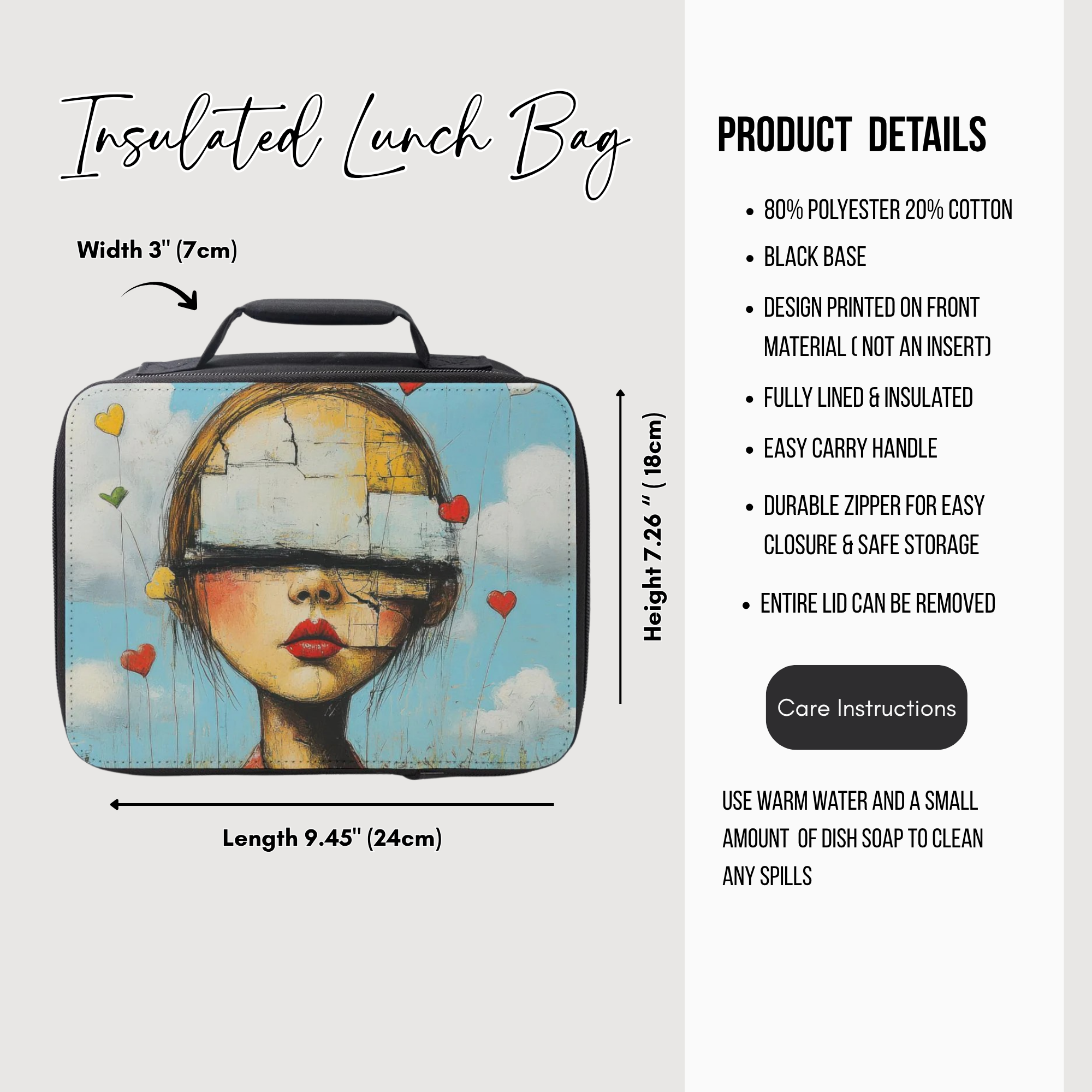 Insulated lunch bag with artistic design and product details on a white background