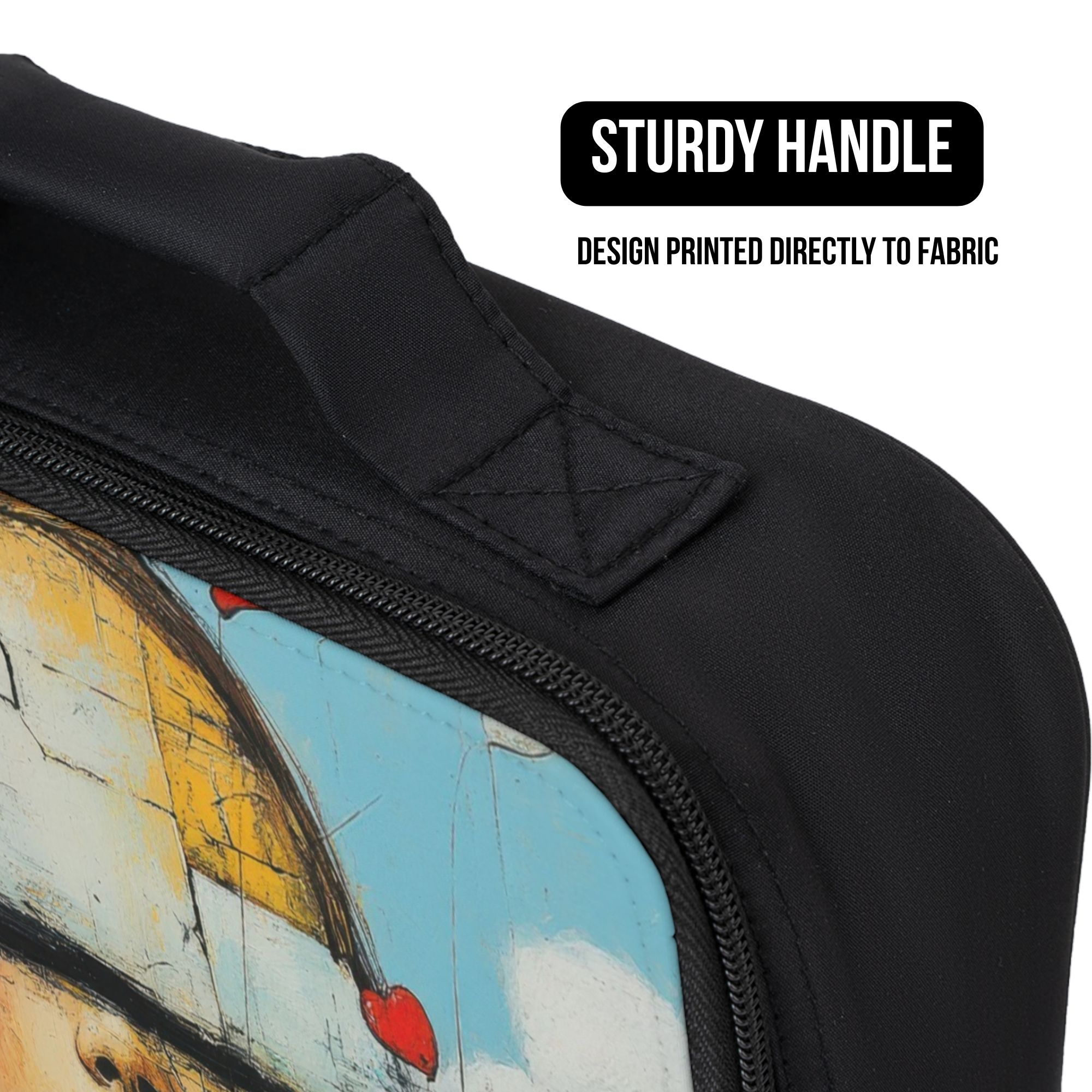 Black lunch bag with a design printed directly to fabric and a sturdy handle.