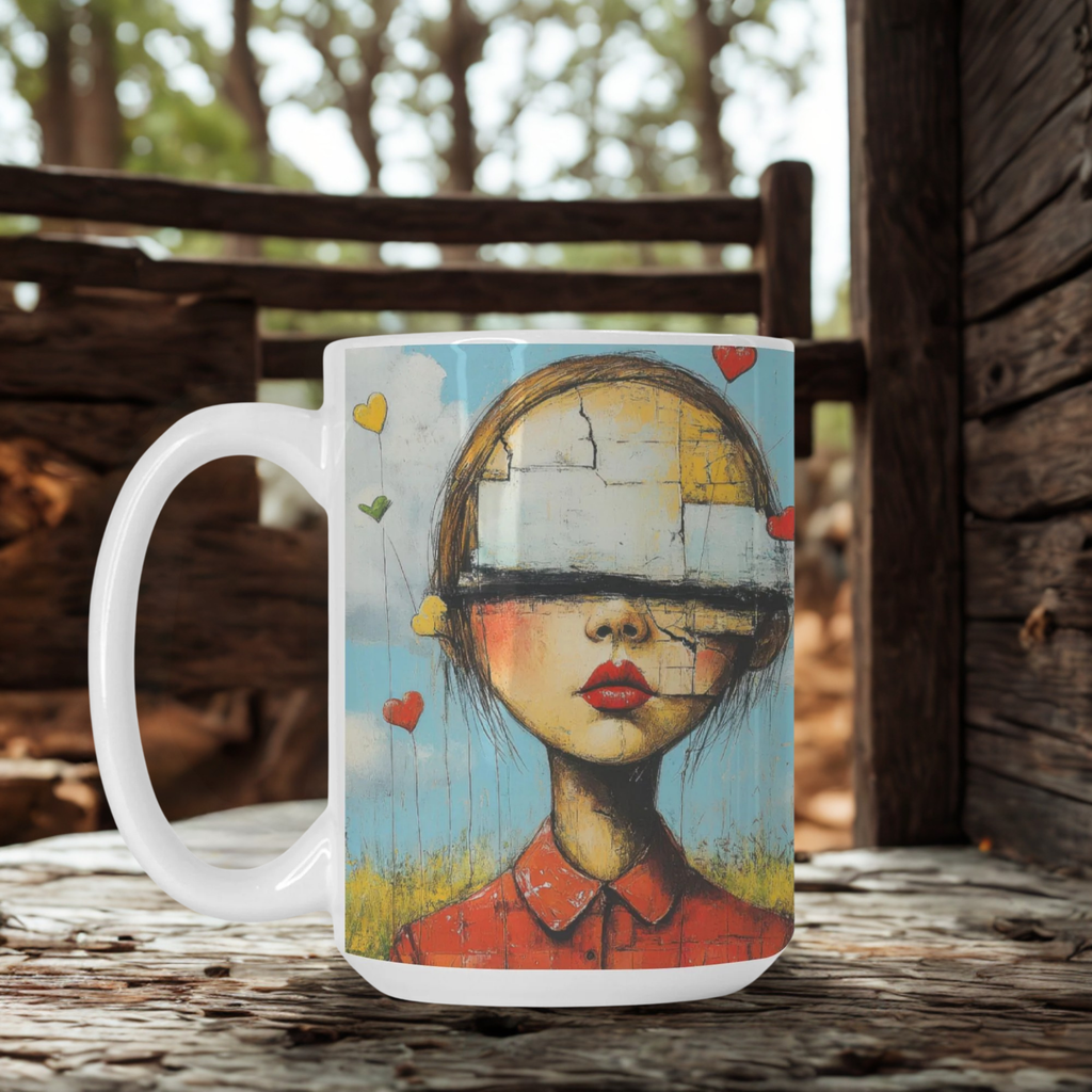 Mug with artistic design of a woman's face on a wooden surface outdoors