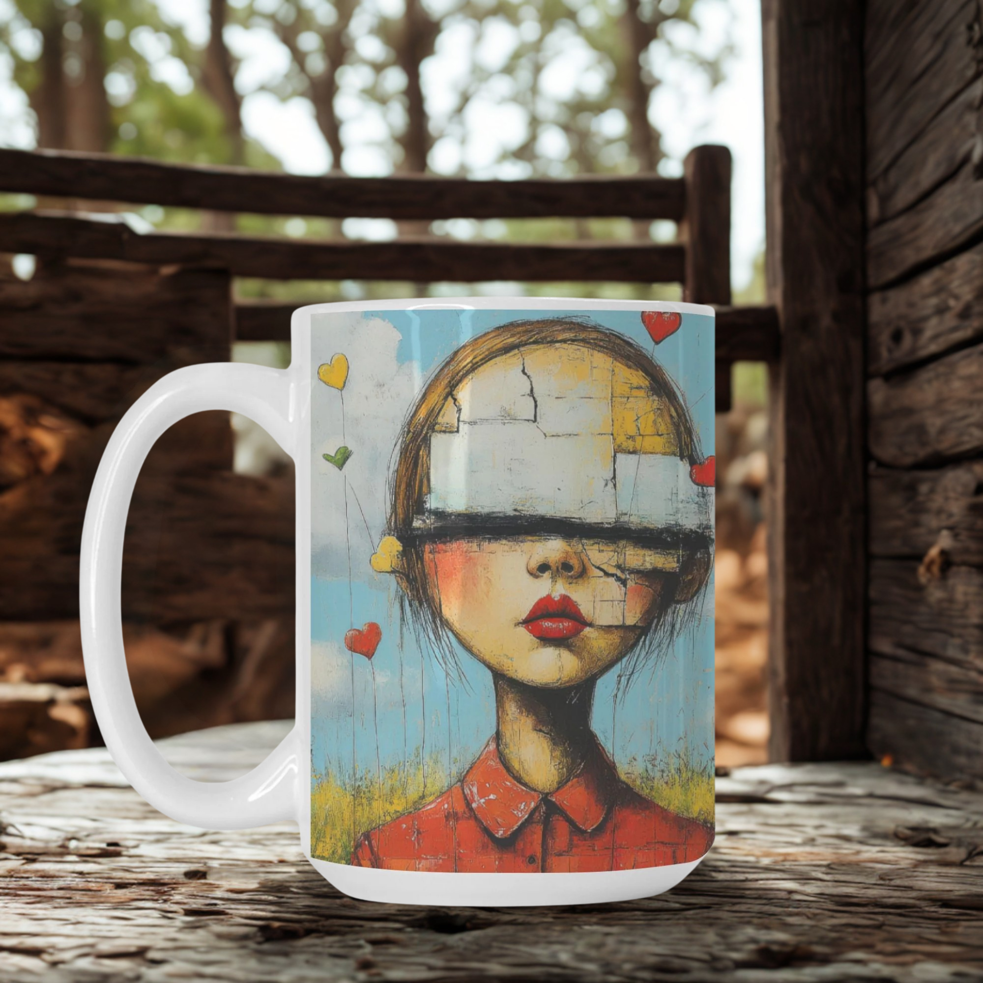 Mug with artistic design of a woman's face on a wooden surface outdoors