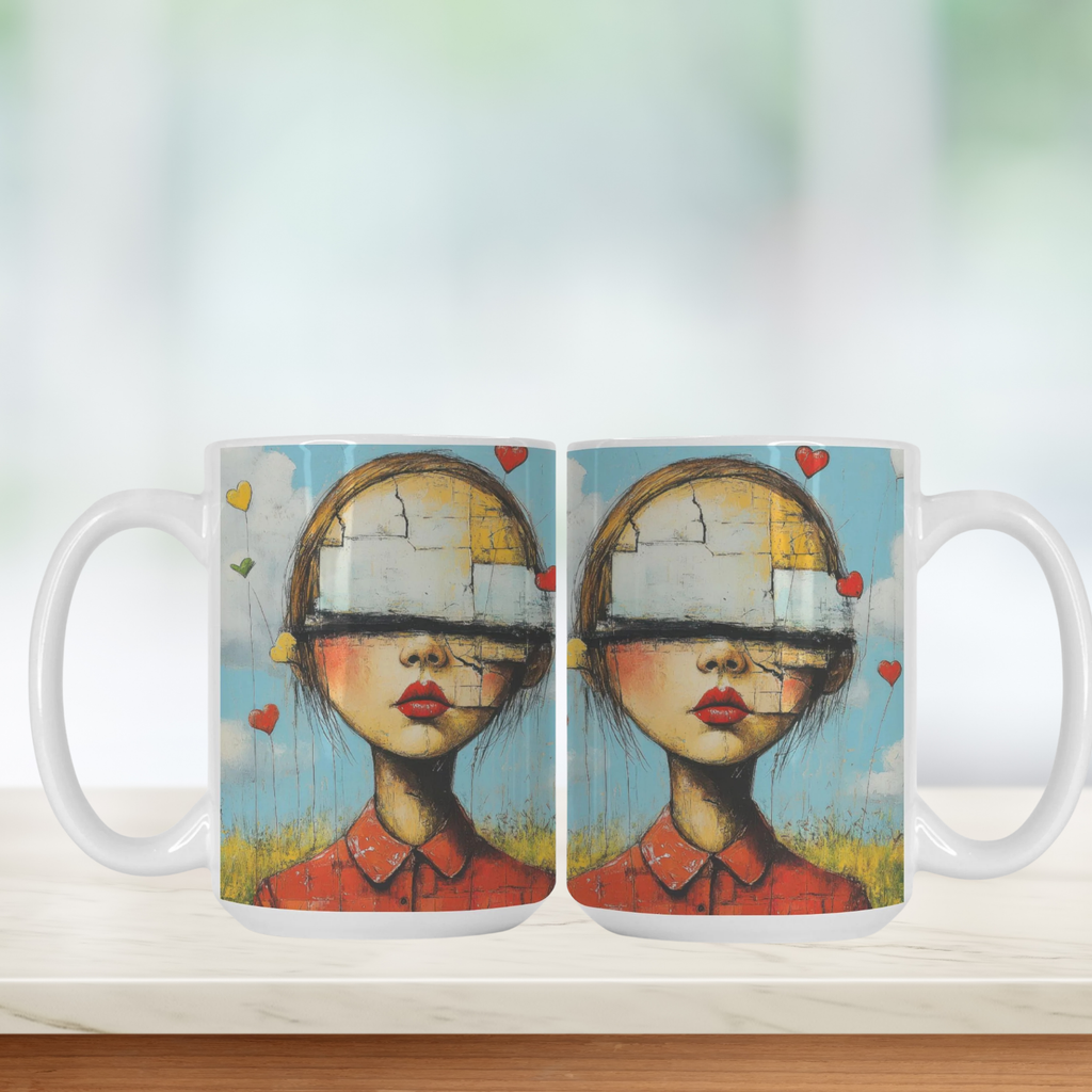 Two mugs with a artistic design of a person wearing a blindfold and red shirt on a white background.
