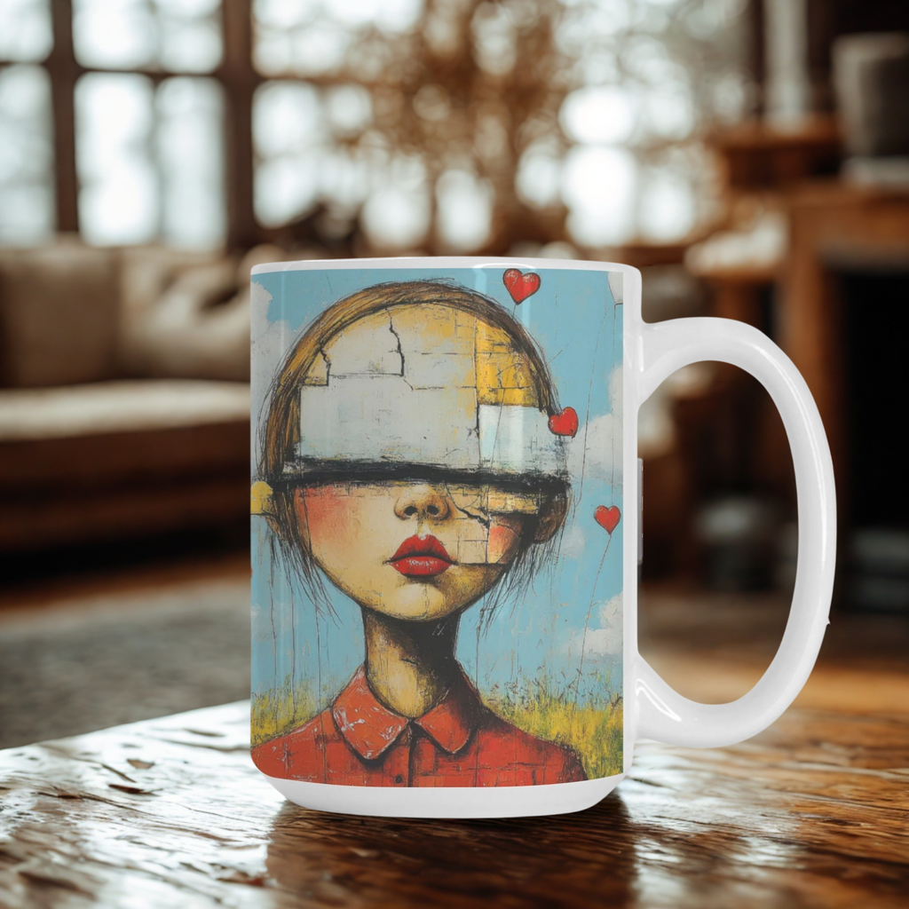 Mug with artistic design of a face on a wooden table in a cozy room.
