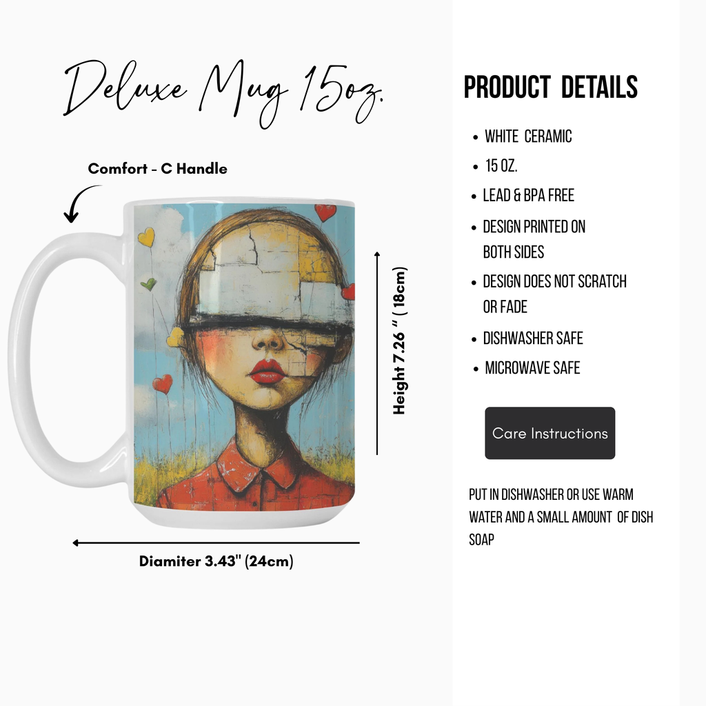 Deluxe mug with artistic design and product details on a white background