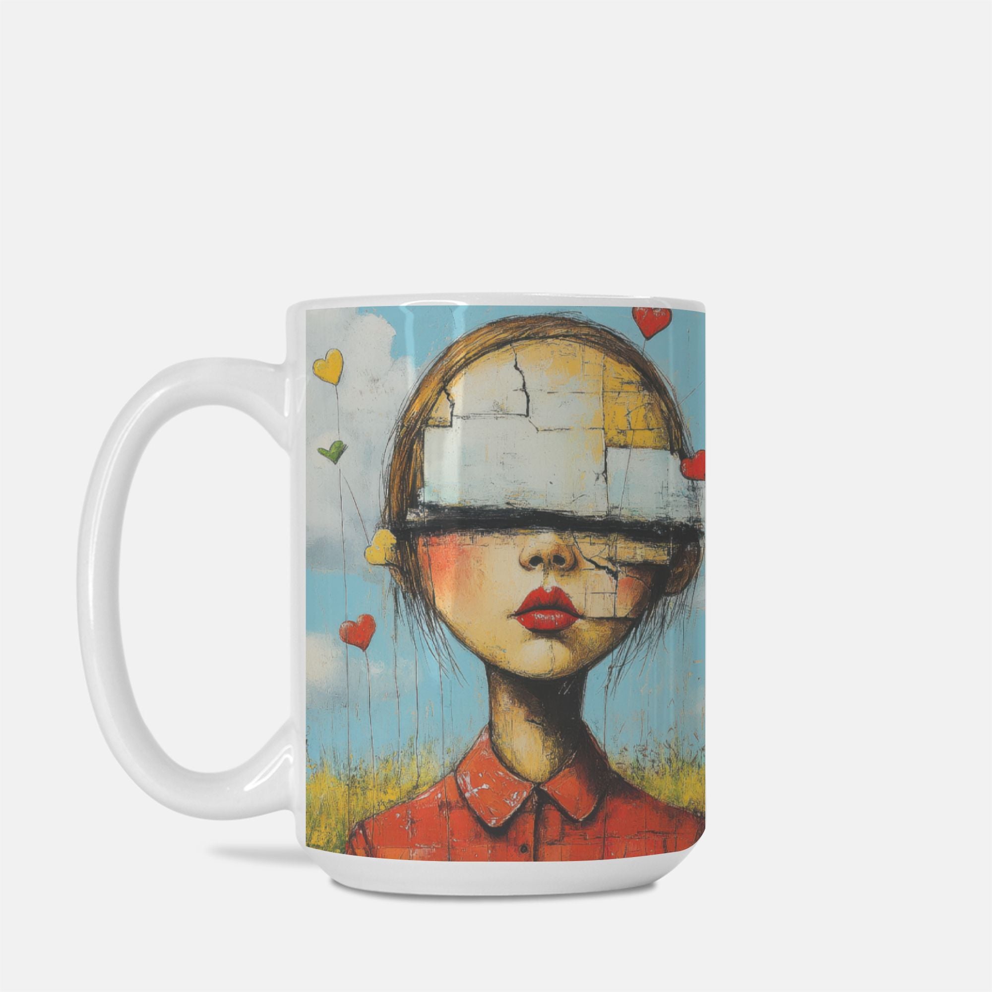 Mug with artistic design of a face with a blindfold on a colorful background