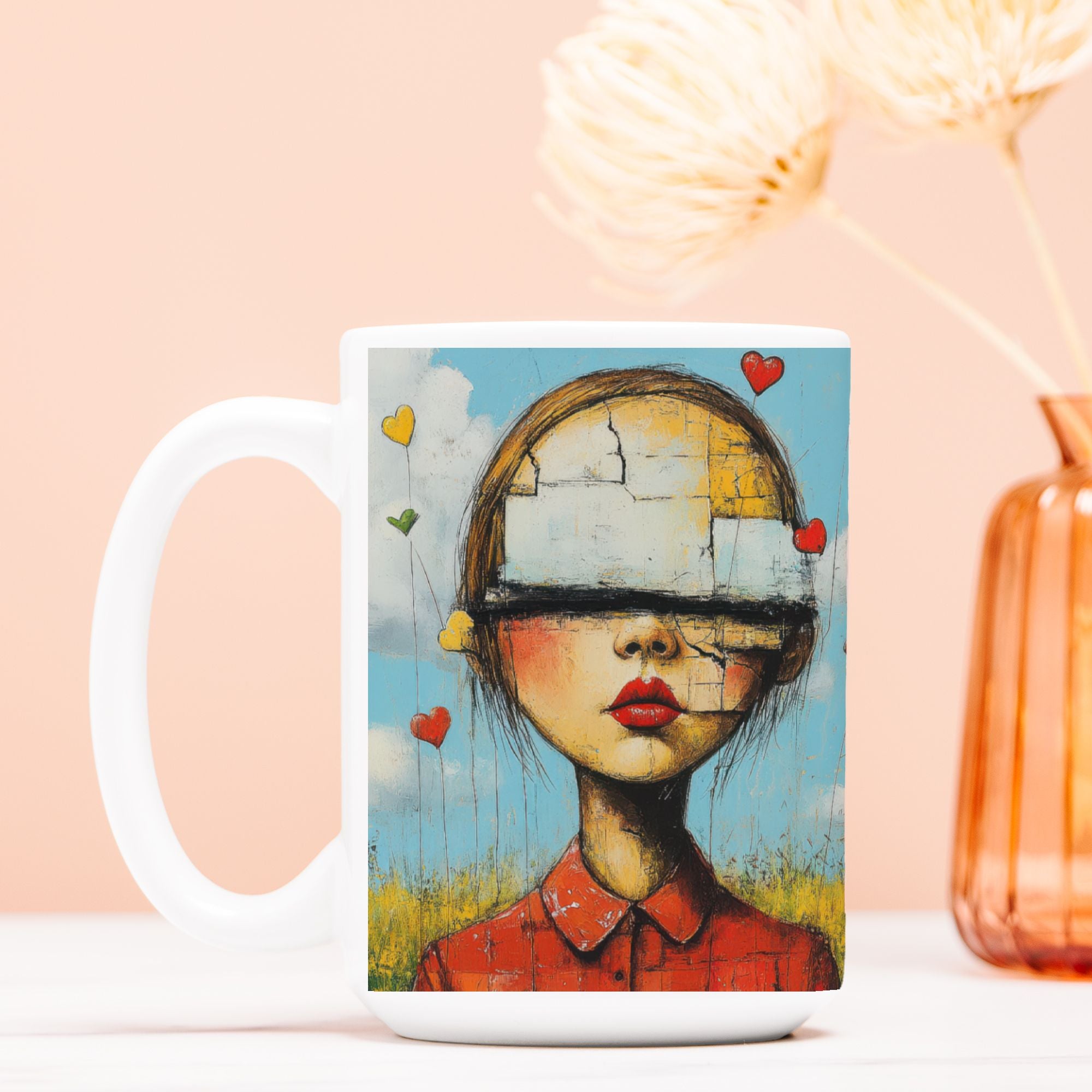 Mug with artistic design of a face with hearts and a red shirt on a peach background