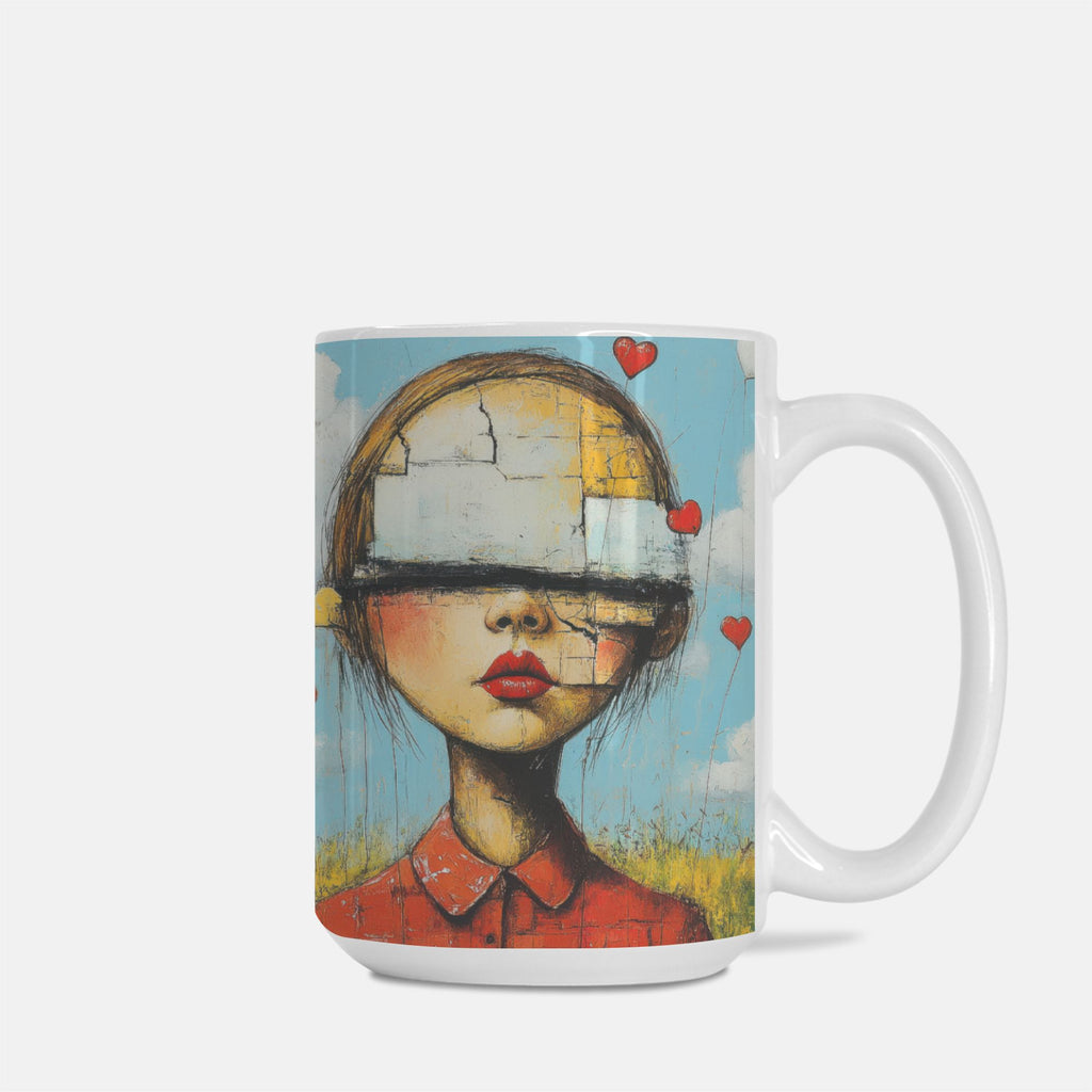 Mug with artistic design of a girl with a blindfold and surrounded by hearts on a white background