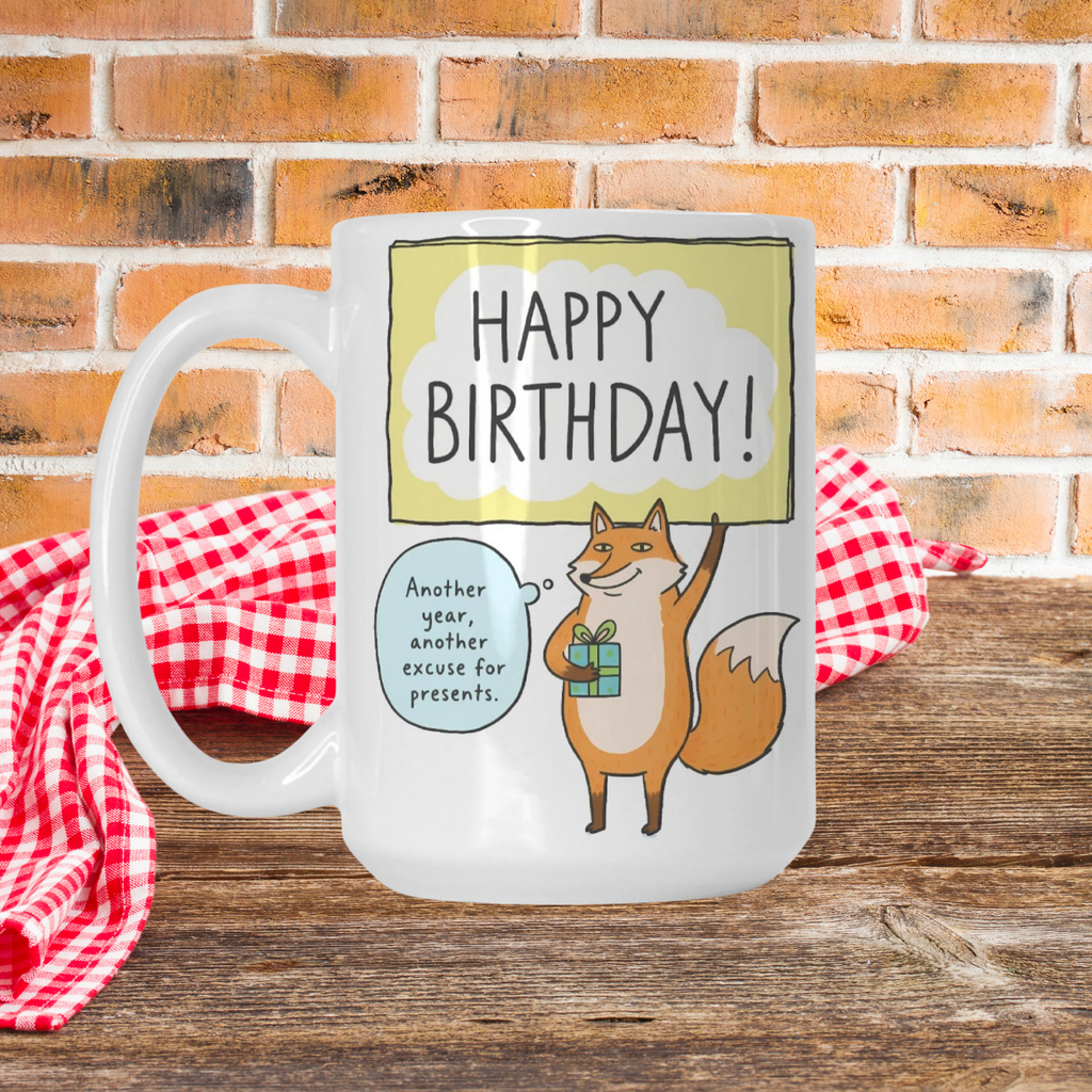 Mug with a fox illustration and 'Happy Birthday!' text on a brick wall background