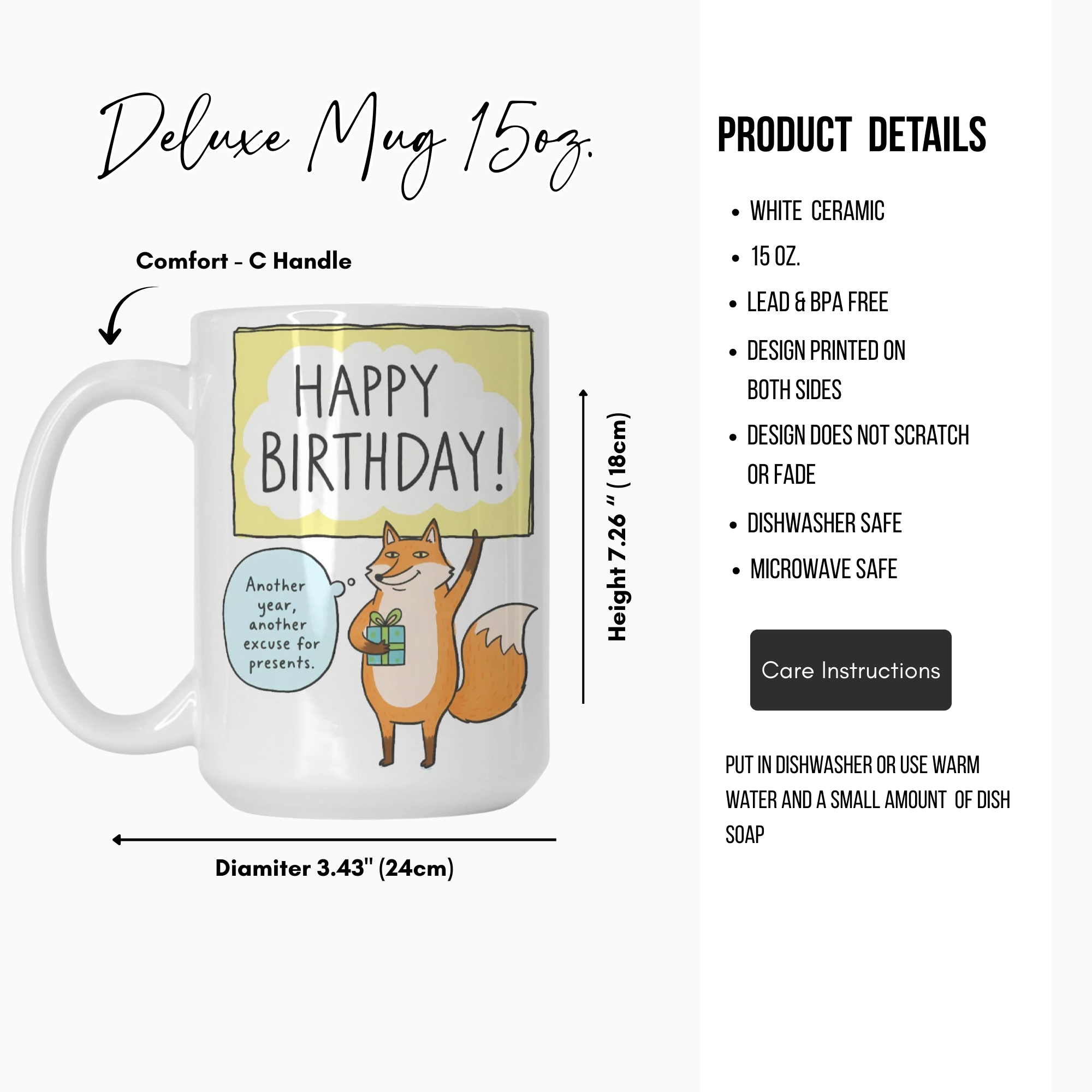 White ceramic mug with fox design and 'Happy Birthday!' text, featuring product details on a white background.