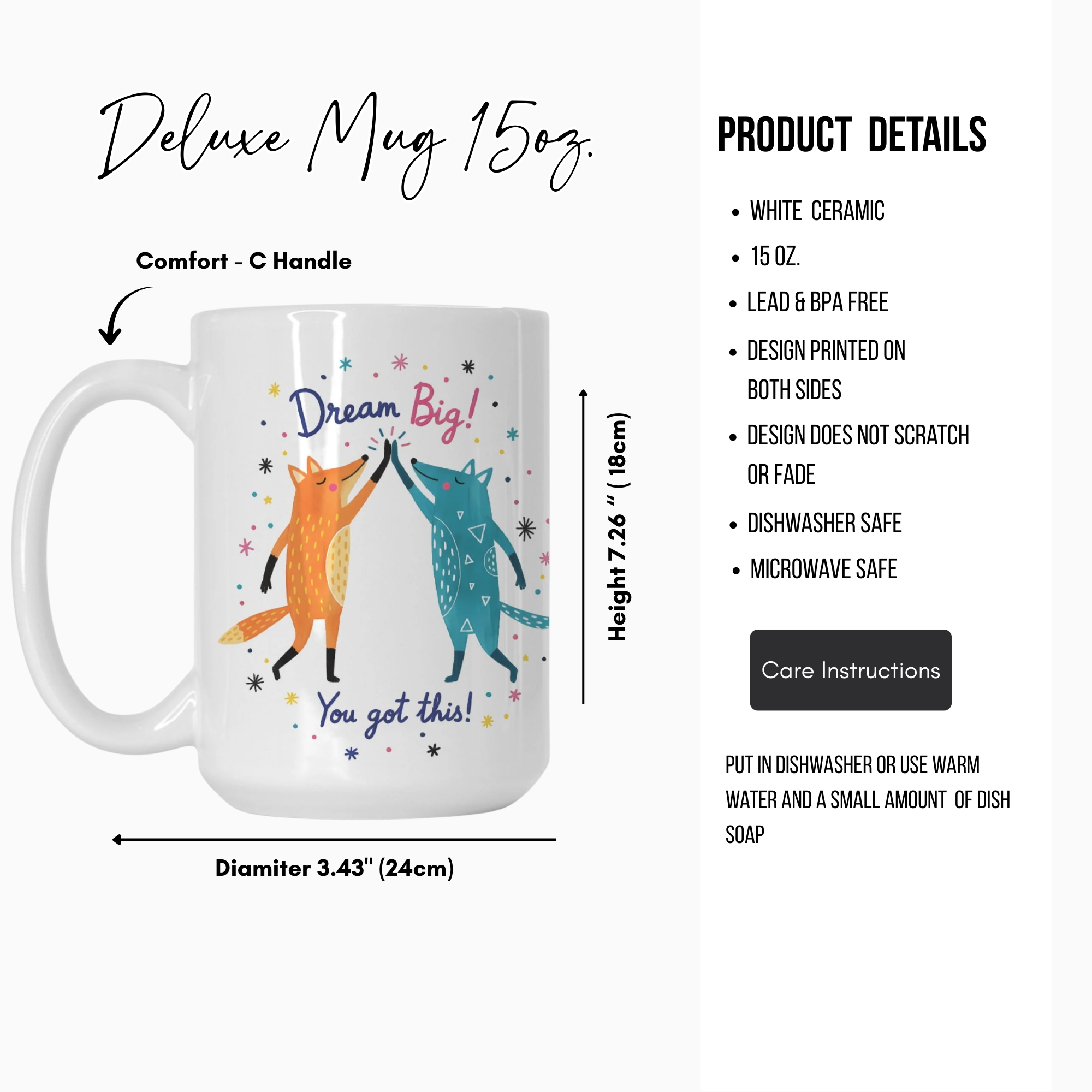White ceramic mug with fox design and text, featuring product details on a white background.