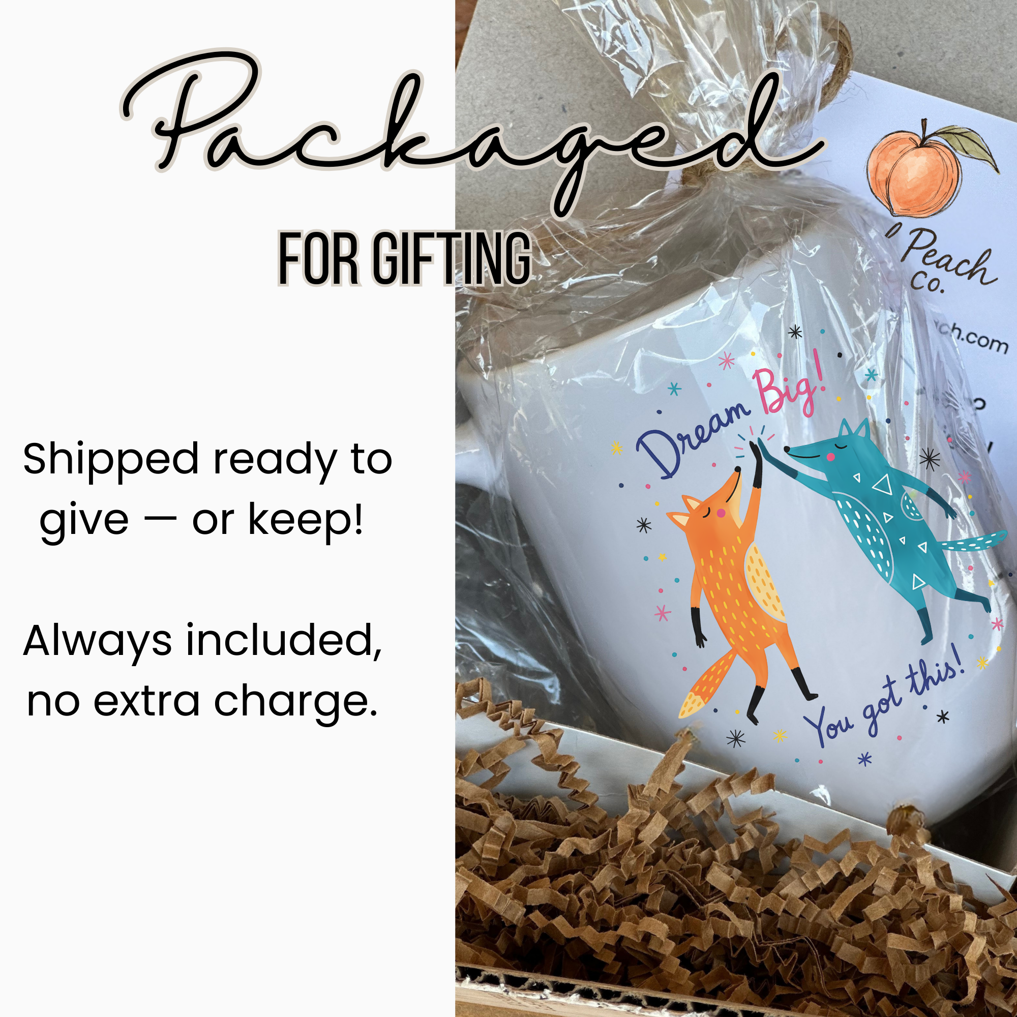 Gift-wrapped product with cartoon foxes and text, labeled 'Peach Co'.