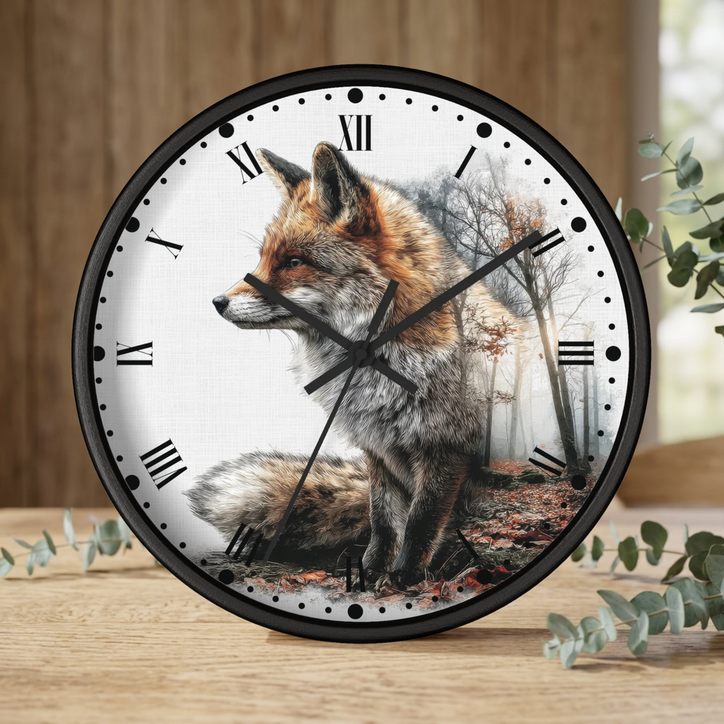 A round wall clock with a black frame and a printed fox illustration on the face, styled on a wooden surface with eucalyptus leaves in the background.