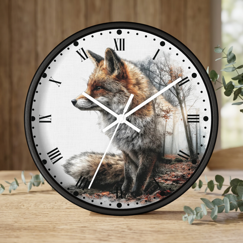 A round wall clock with a black frame and a printed fox over a misty forest design on the dial, shown standing on a wooden surface with decorative eucalyptus leaves around it.