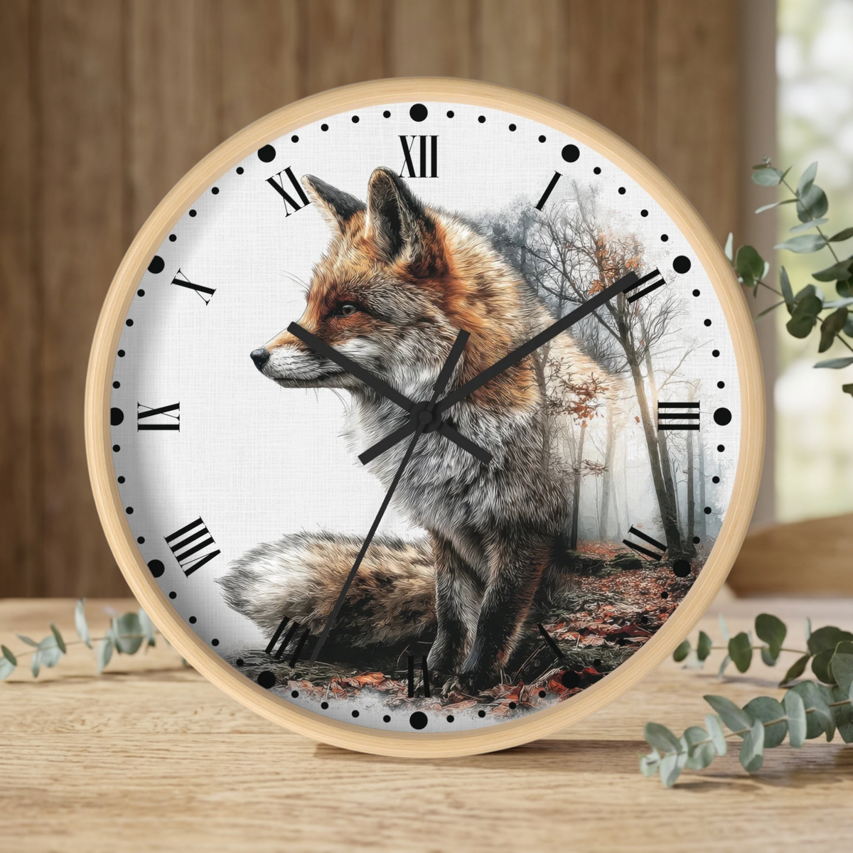 Round wall clock with a light wood frame and a printed fox illustration on the face, styled on a wooden surface with eucalyptus branches.