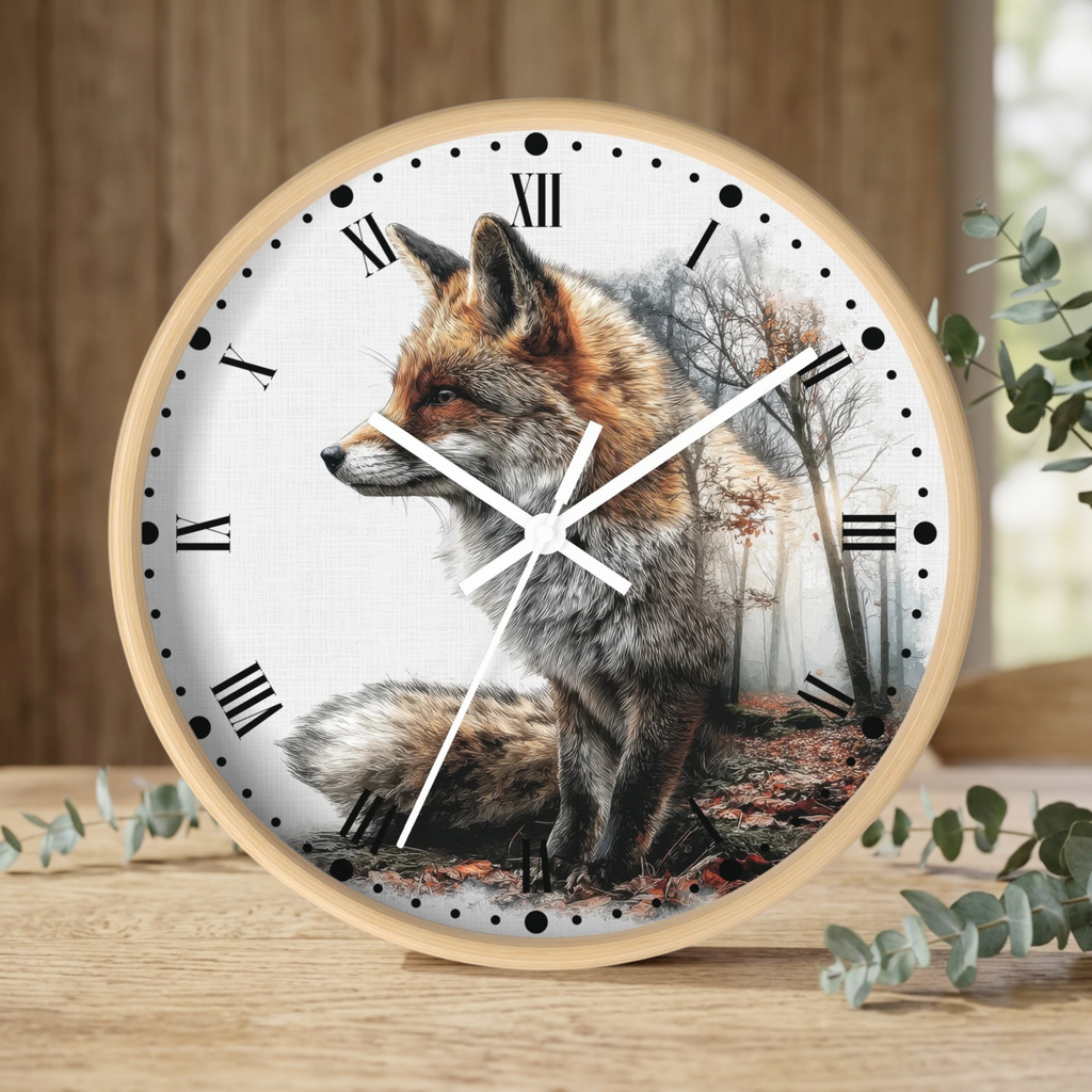 Round wall clock with a light wood frame and a printed fox over a misty forest scene on the dial, styled on a wooden surface with eucalyptus branches.