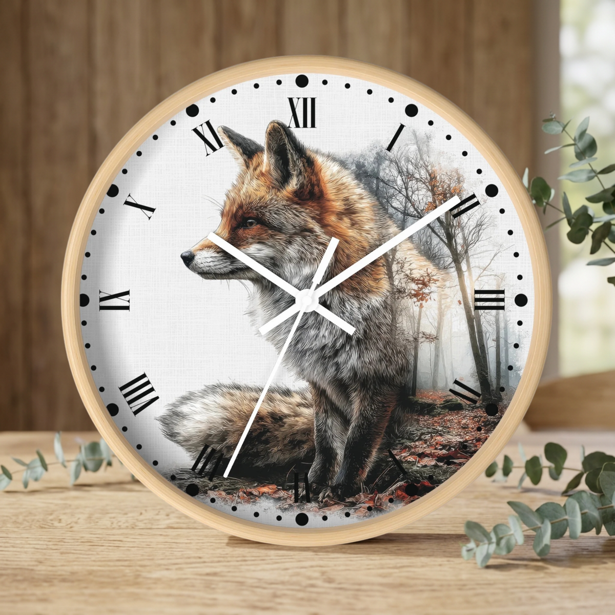 Round wall clock with a light wood frame and a printed fox over a misty forest scene on the dial, styled on a wooden surface with eucalyptus branches.