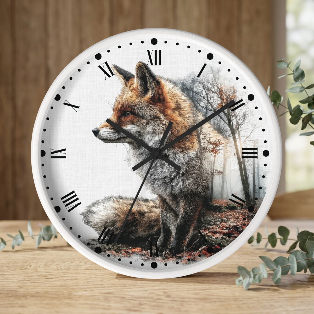 Round wall clock with a white frame and a printed design of a fox in a misty forest, styled on a wooden tabletop with eucalyptus branches.