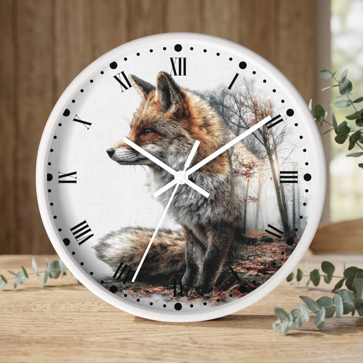 A round wall clock with a white frame and a printed design of a fox in a misty forest, styled on a wooden tabletop with eucalyptus branches.
