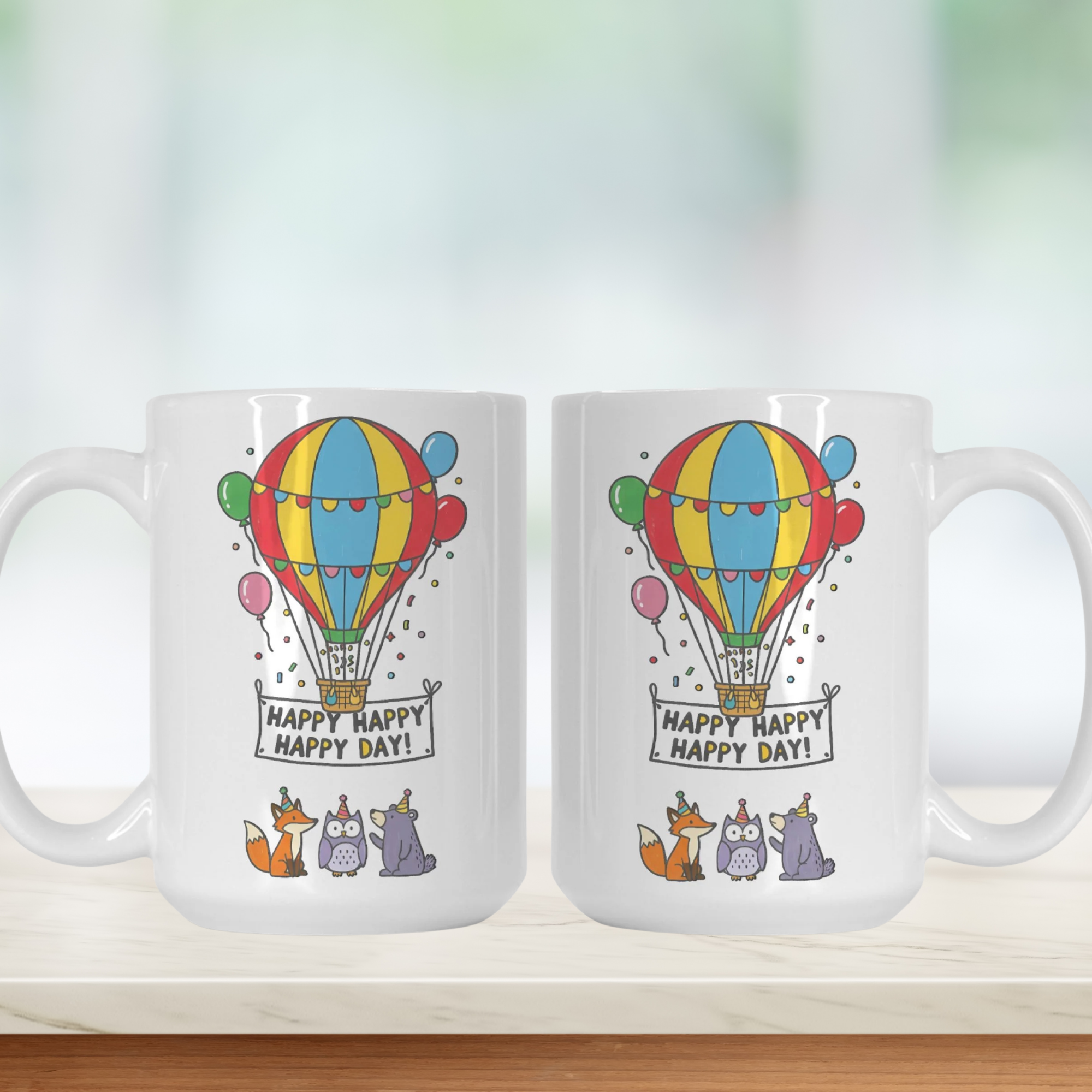 Two white mugs with colorful hot air balloon designs and text on a light background