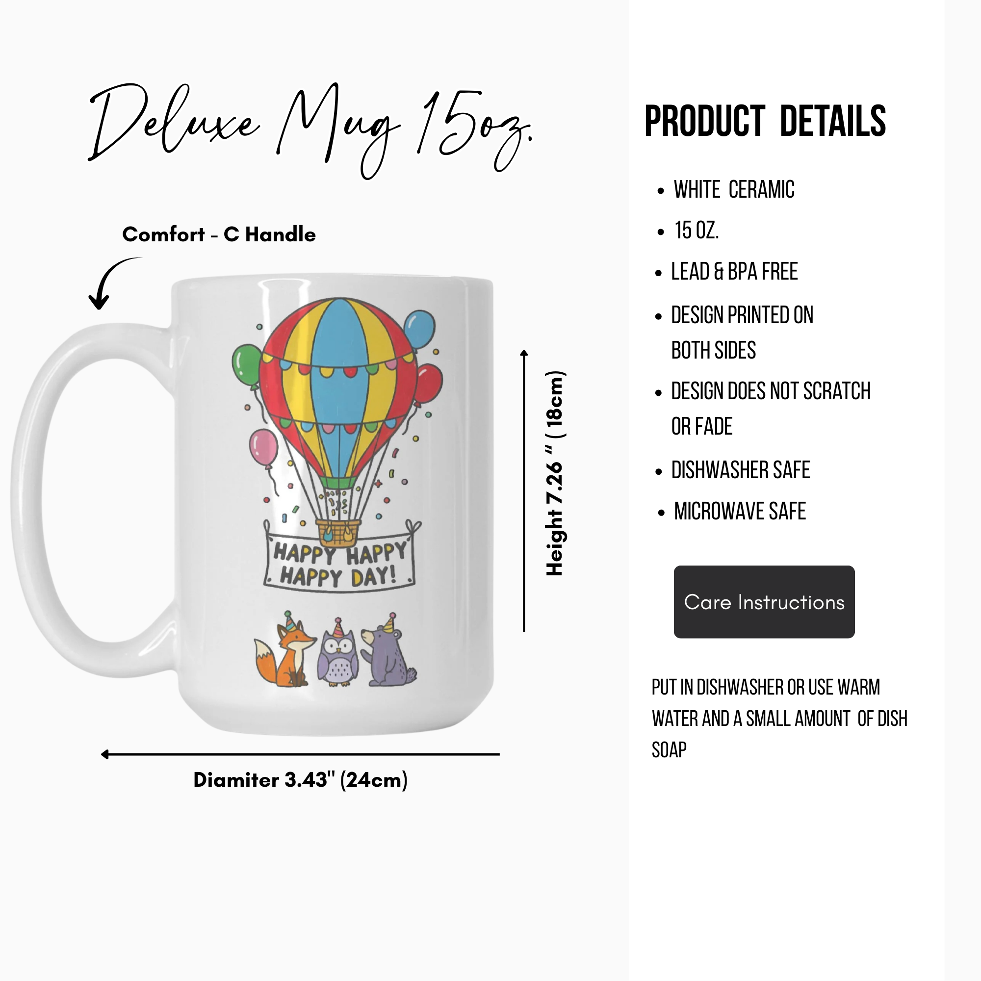 White ceramic mug with colorful design and text, featuring product details on a white background.