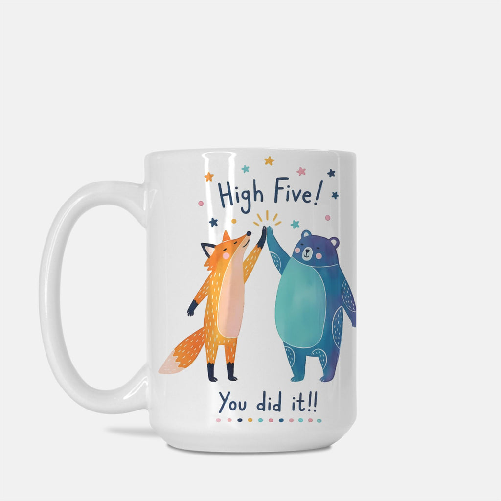 Mug with a design of a fox and bear high five, text 'High Five! You did it!!' on a white background
