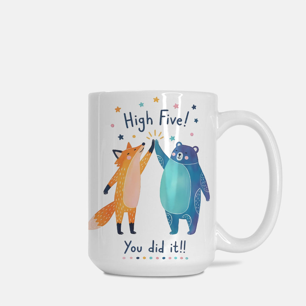 Mug with cartoon fox and bear giving high five on a white background