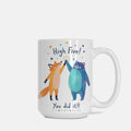 Mug with cartoon fox and bear giving high five on a white background