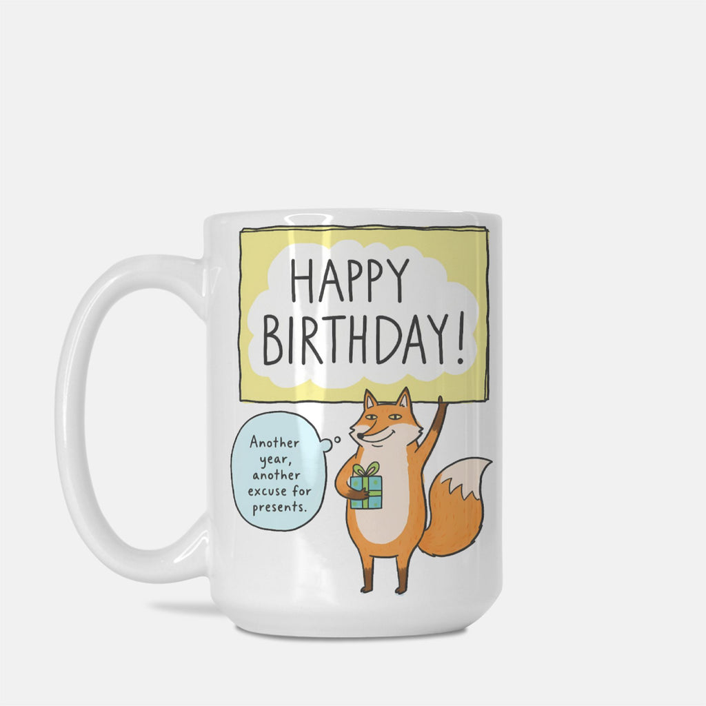 Mug with a fox illustration and 'Happy Birthday!' text on a white background