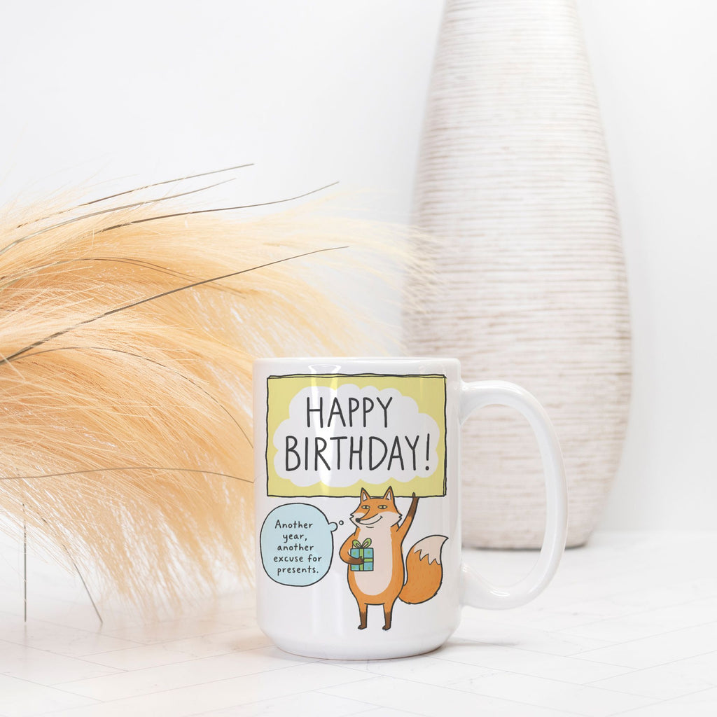 Mug with fox illustration and 'Happy Birthday!' text on a white background