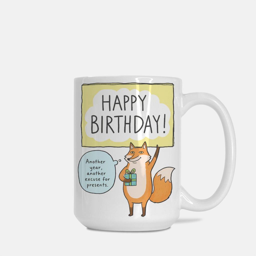 Mug with a fox illustration and 'Happy Birthday!' text on a white background
