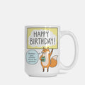Mug with a fox illustration and 'Happy Birthday!' text on a white background
