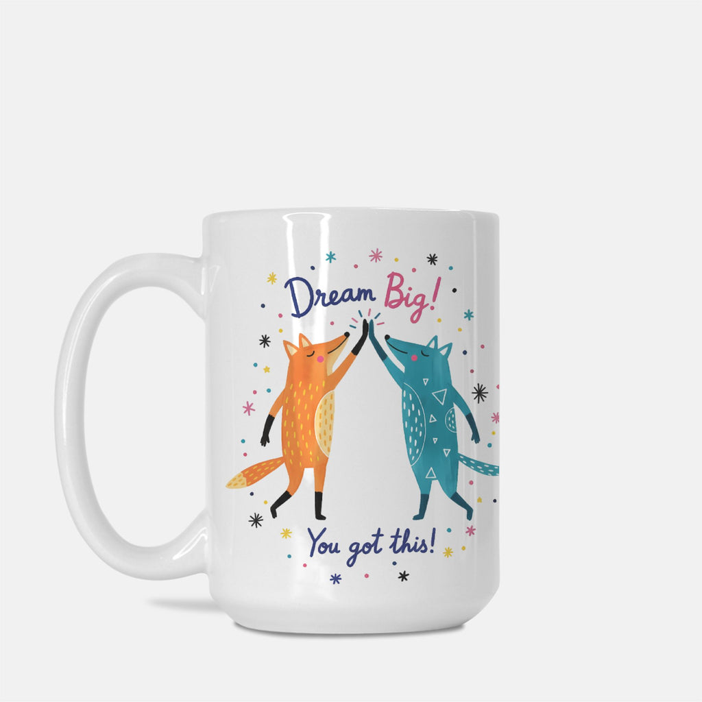 Mug with foxes holding hands and motivational text on a white background