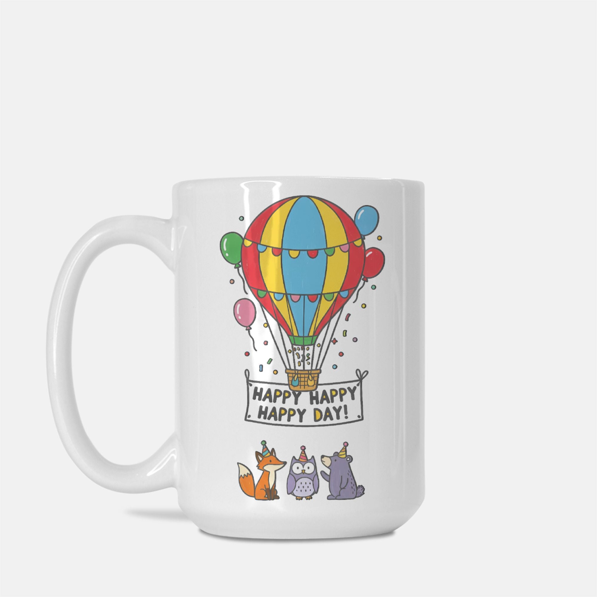 White mug with a colorful hot air balloon and animals design on a white background