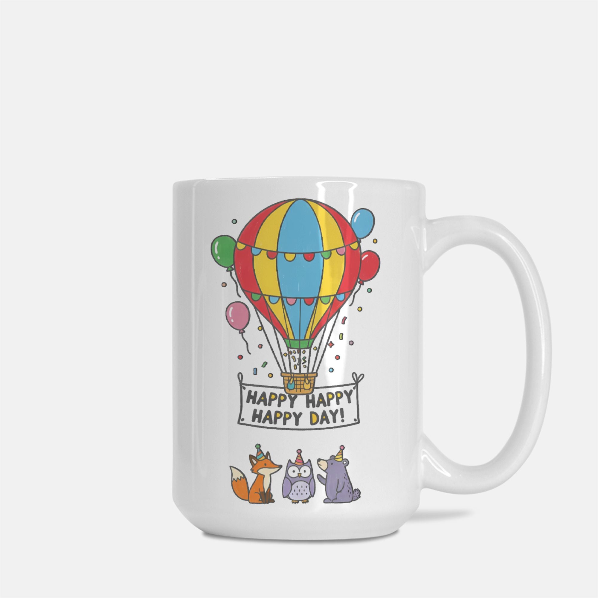 White mug with colorful hot air balloon design and text on a white background