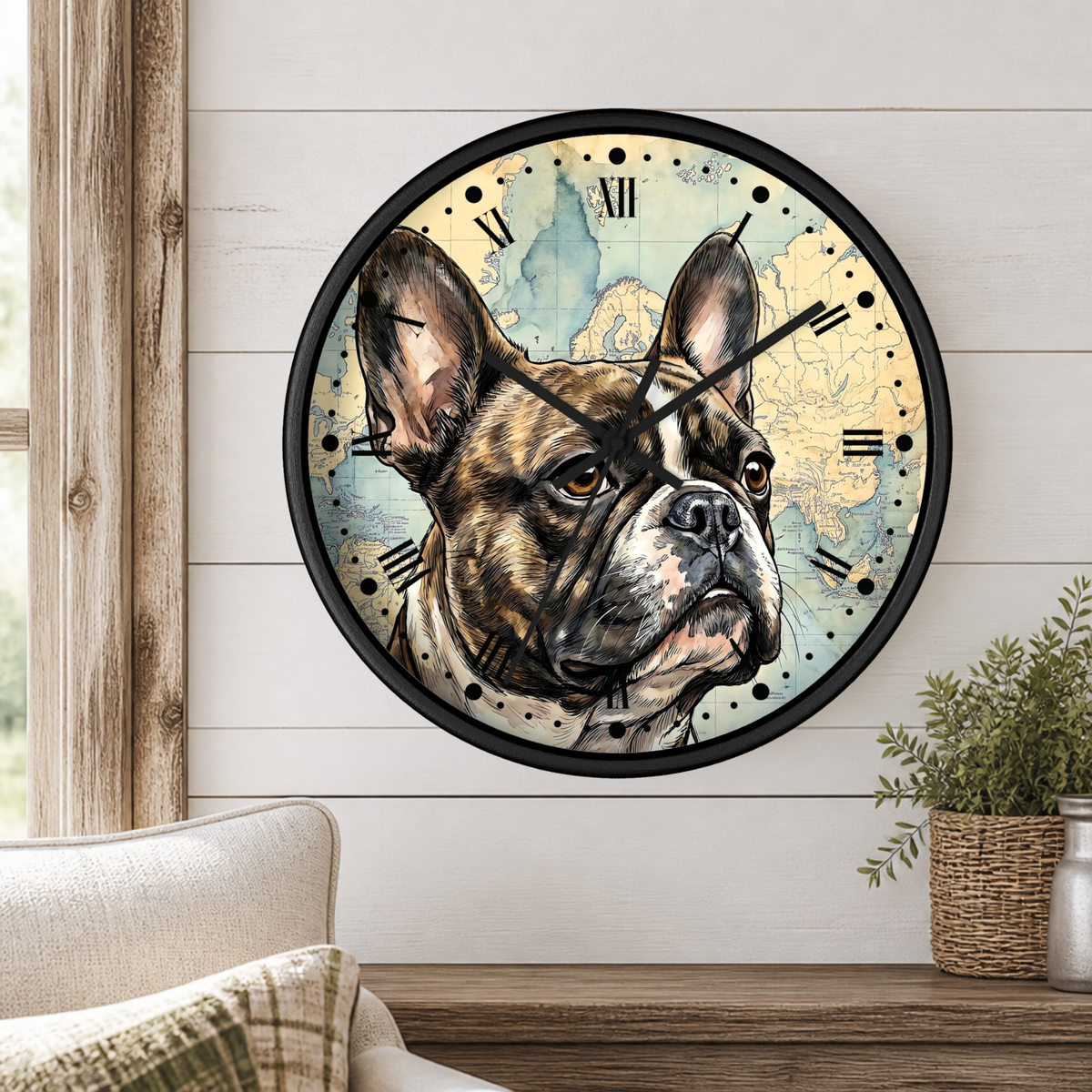 A round wall clock with a black frame and a French bulldog portrait on the face, mounted on a white shiplap wall above a wooden shelf with a plant and part of a sofa visible.