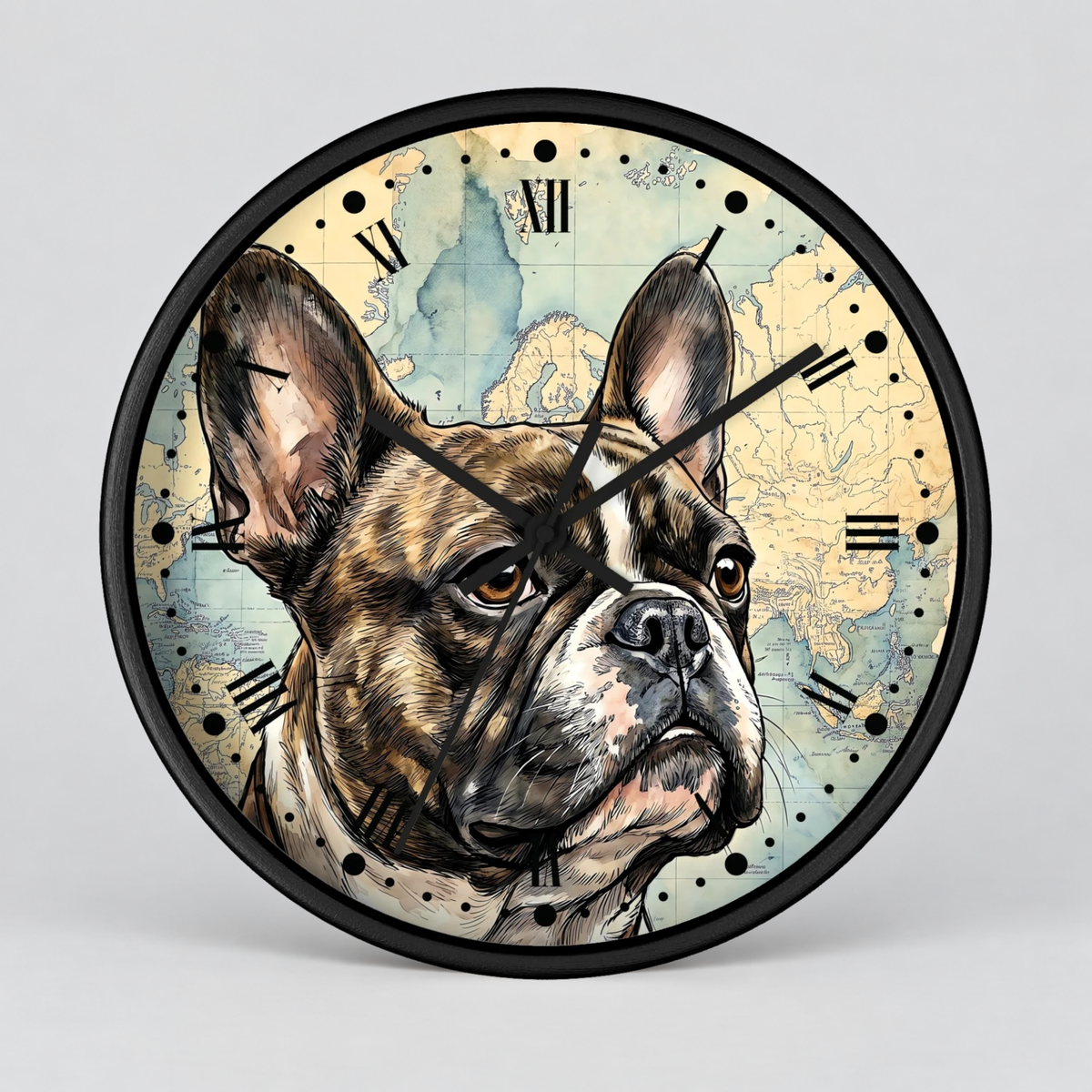Round wall clock with a black frame and hands, featuring an illustrated French bulldog portrait over a vintage map background with Roman numerals.