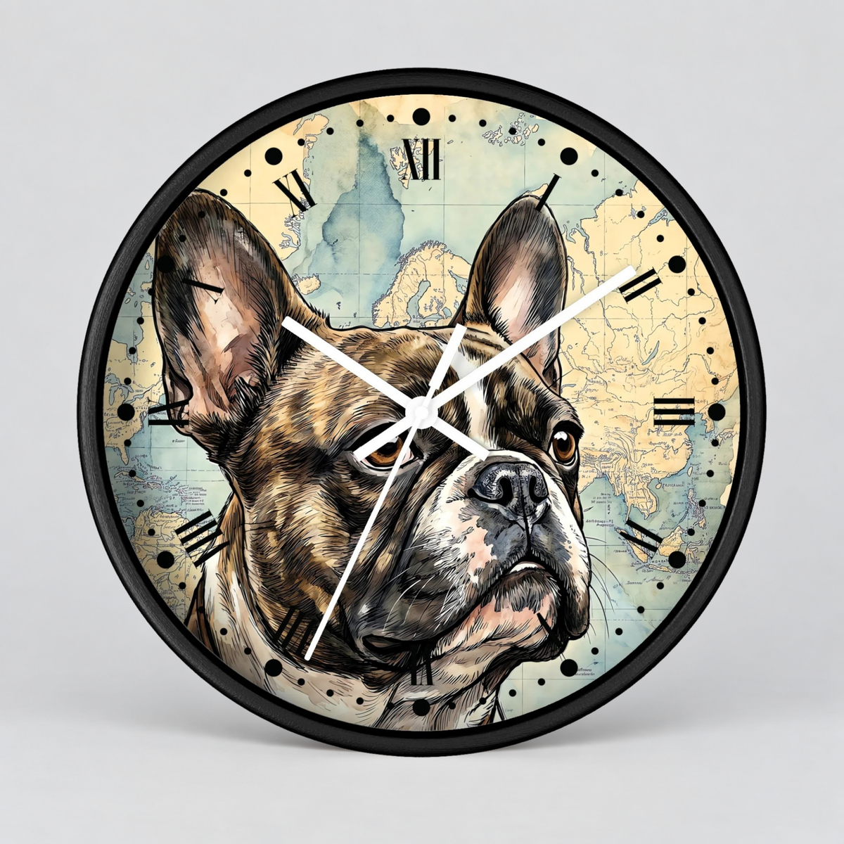 Round wall clock with a black frame and a printed illustration of a French bulldog over a vintage map background, with white clock hands and black Roman numerals.