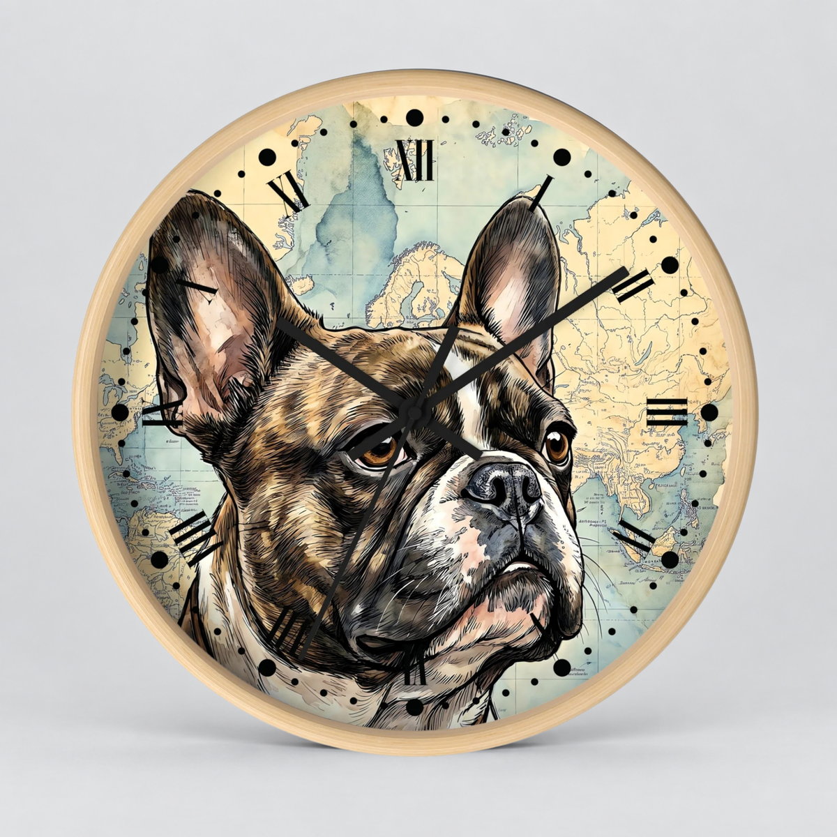 Round wall clock with a French bulldog portrait illustration over a vintage world map background, shown against a light gray studio backdrop.