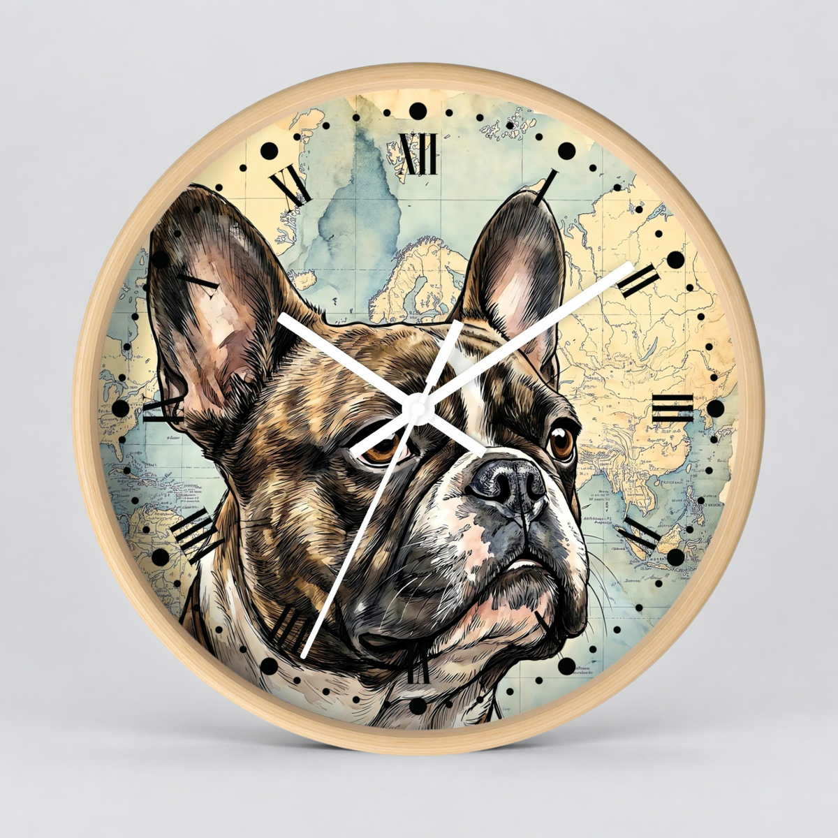 Round wall clock with a light wood frame featuring a detailed illustration of a French Bulldog over a vintage world map background, with black Roman numerals and white clock hands.