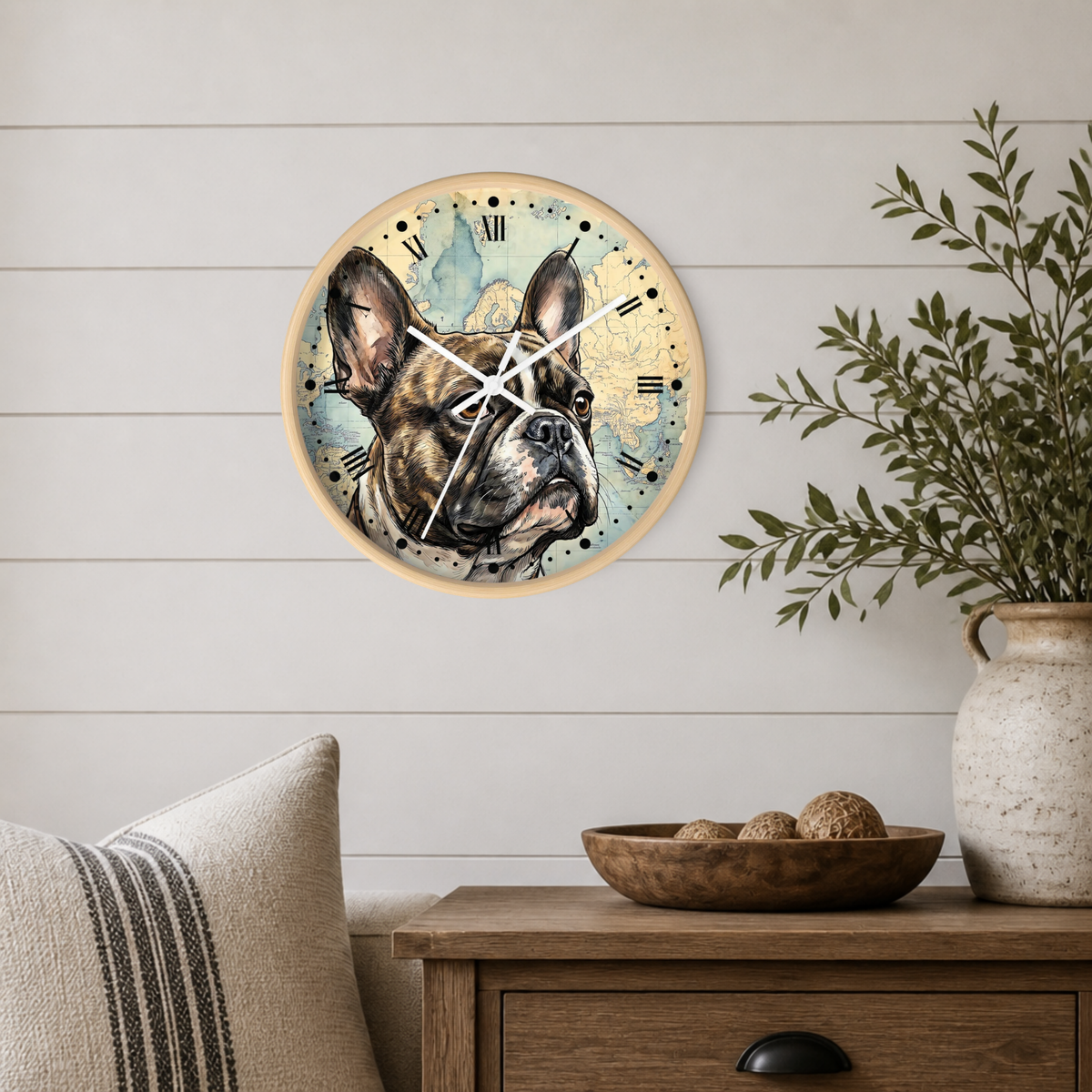 A round wall clock featuring a detailed illustration of a French Bulldog on the face, styled on a white shiplap wall above a wooden side table with a plant and decorative bowl.