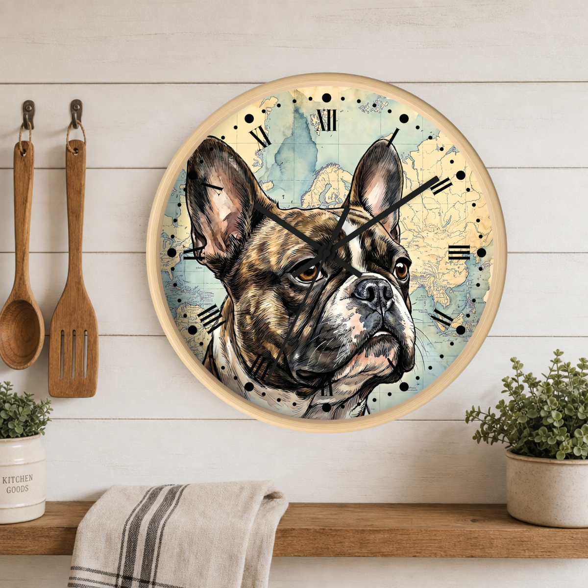 Round wall clock featuring a detailed illustration of a French Bulldog on a light blue and beige map-style background, with black Roman numerals and hands. The clock is mounted on a white wood-paneled wall above a wooden shelf with kitchen utensils, a towel, and small potted plants.