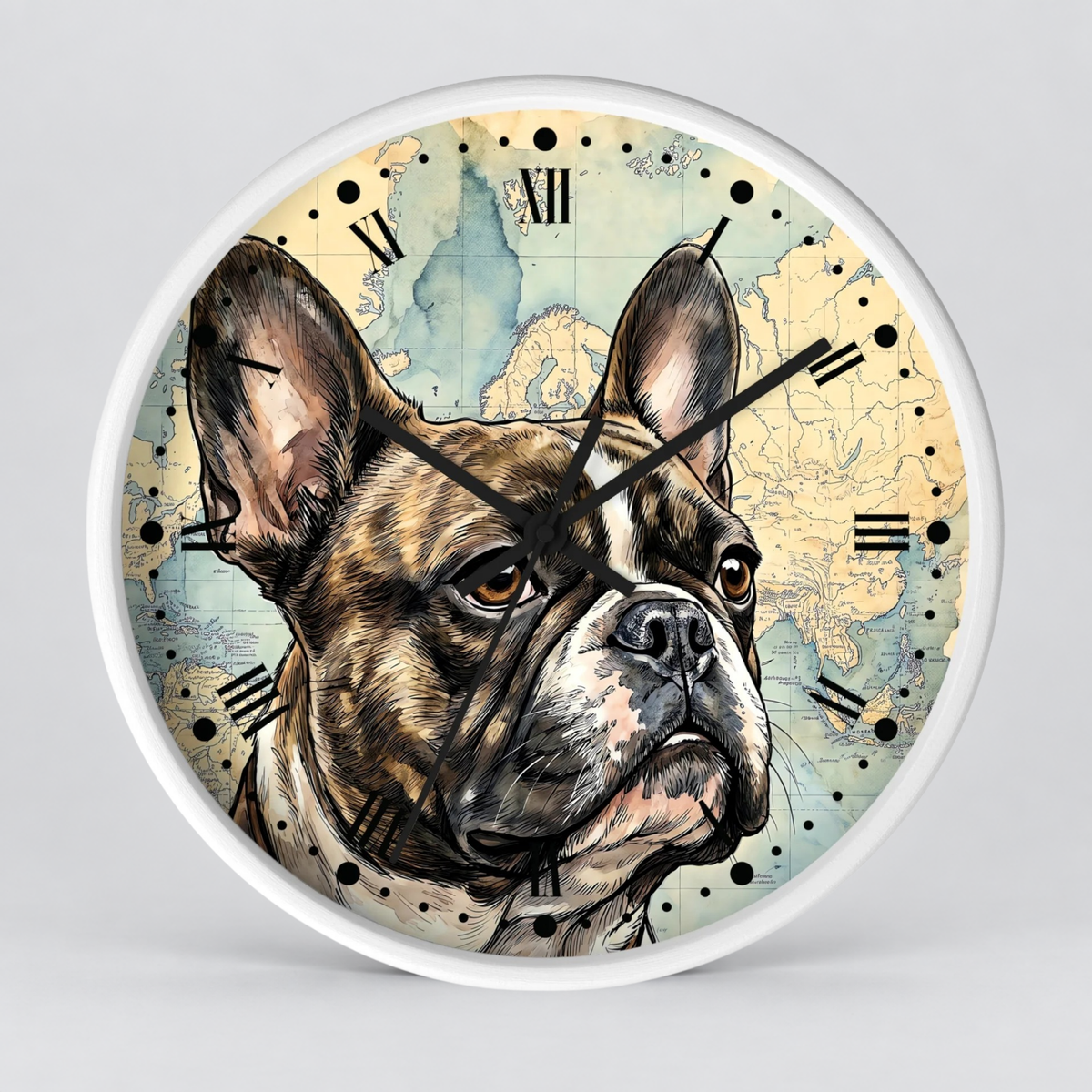 Round wall clock with a white frame and a printed illustration of a French bulldog over a vintage world map background, with black Roman numerals and clock hands.