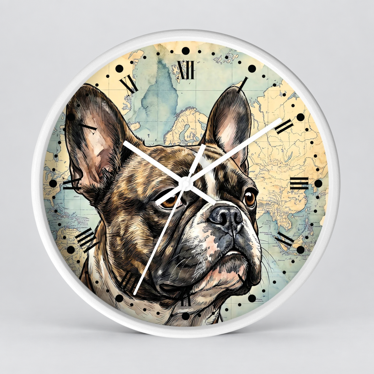A round wall clock with a white frame, featuring an illustration of a French bulldog over a vintage world map background. The clock face has black Roman numerals and white hands, photographed against a neutral light gray background.