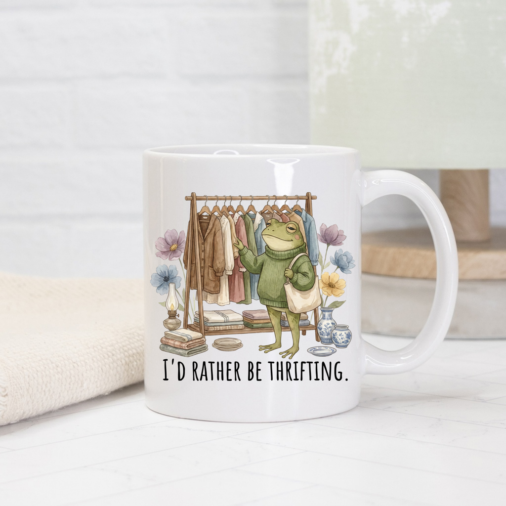 11oz. Mug with a frog character and text 'I'd Rather Be Thrifting' on a white background