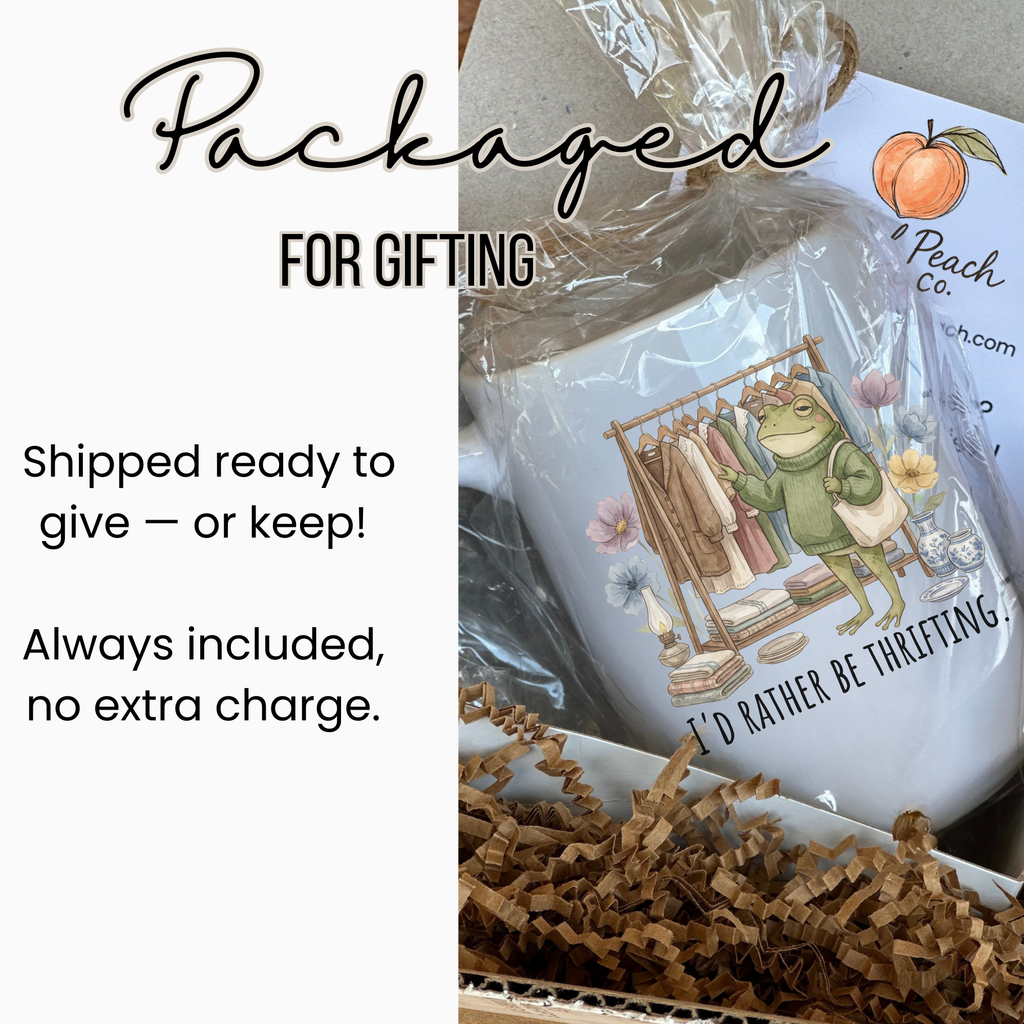 15oz mug with a frog illustration and text 'I'd Rather Be Thrifting' in gift reading packaging on a white background.