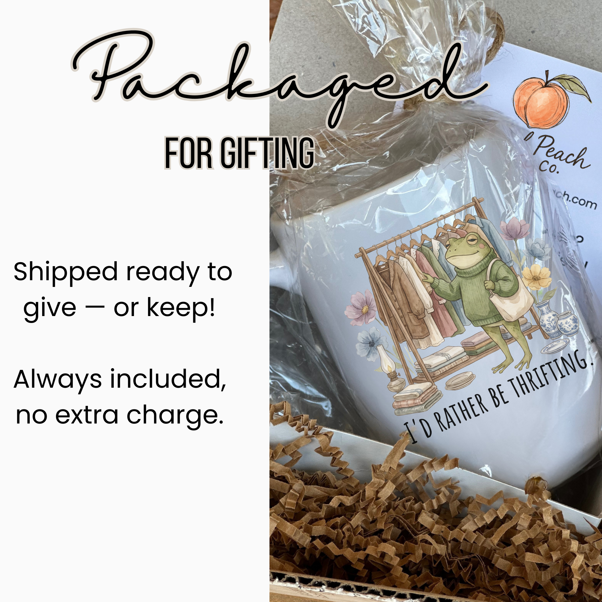 15oz mug with a frog illustration and text 'I'd Rather Be Thrifting' in gift reading packaging on a white background.