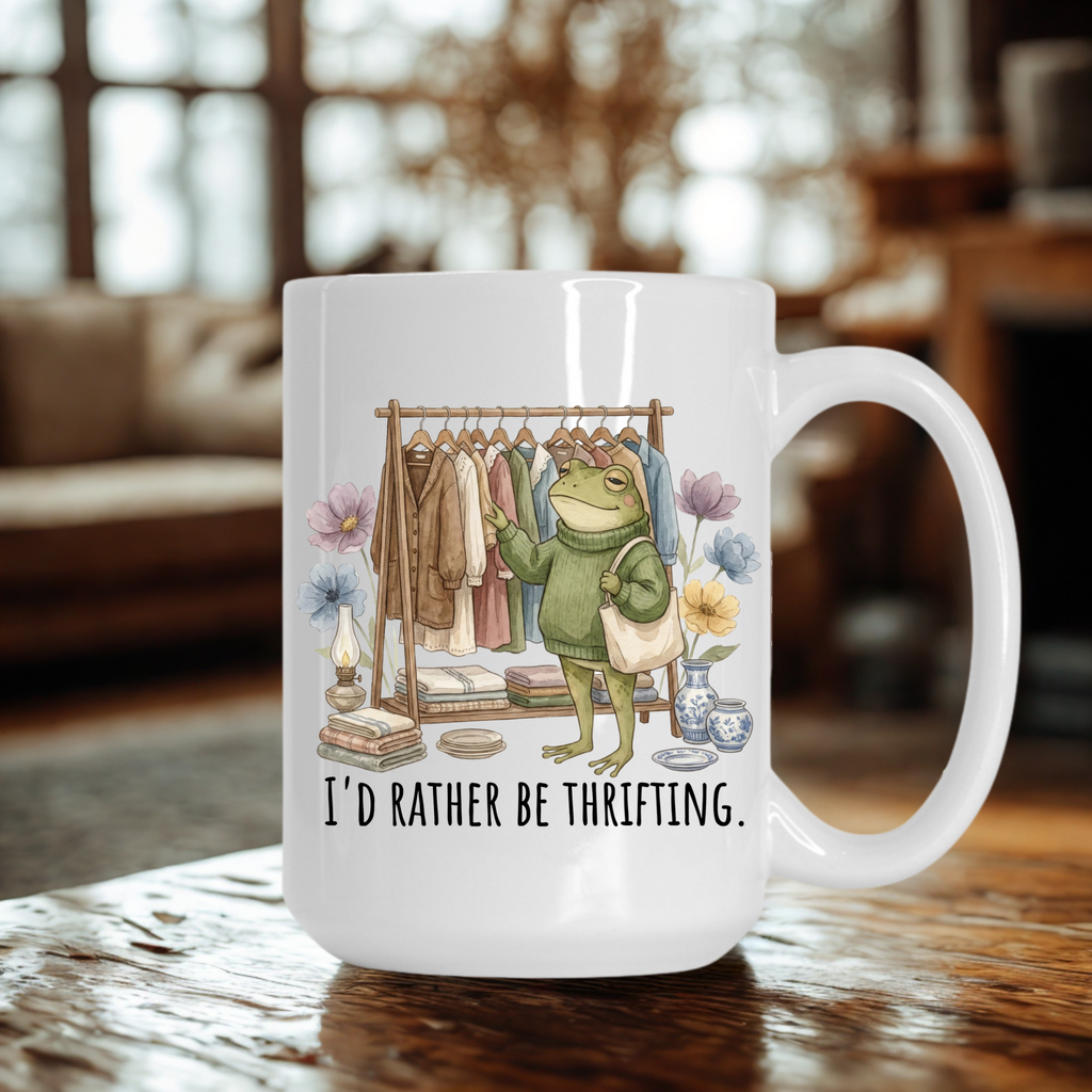 White 15oz. mug with a frog graphic and text 'I'd Rather Be Thrifting' on a wooden surface.
