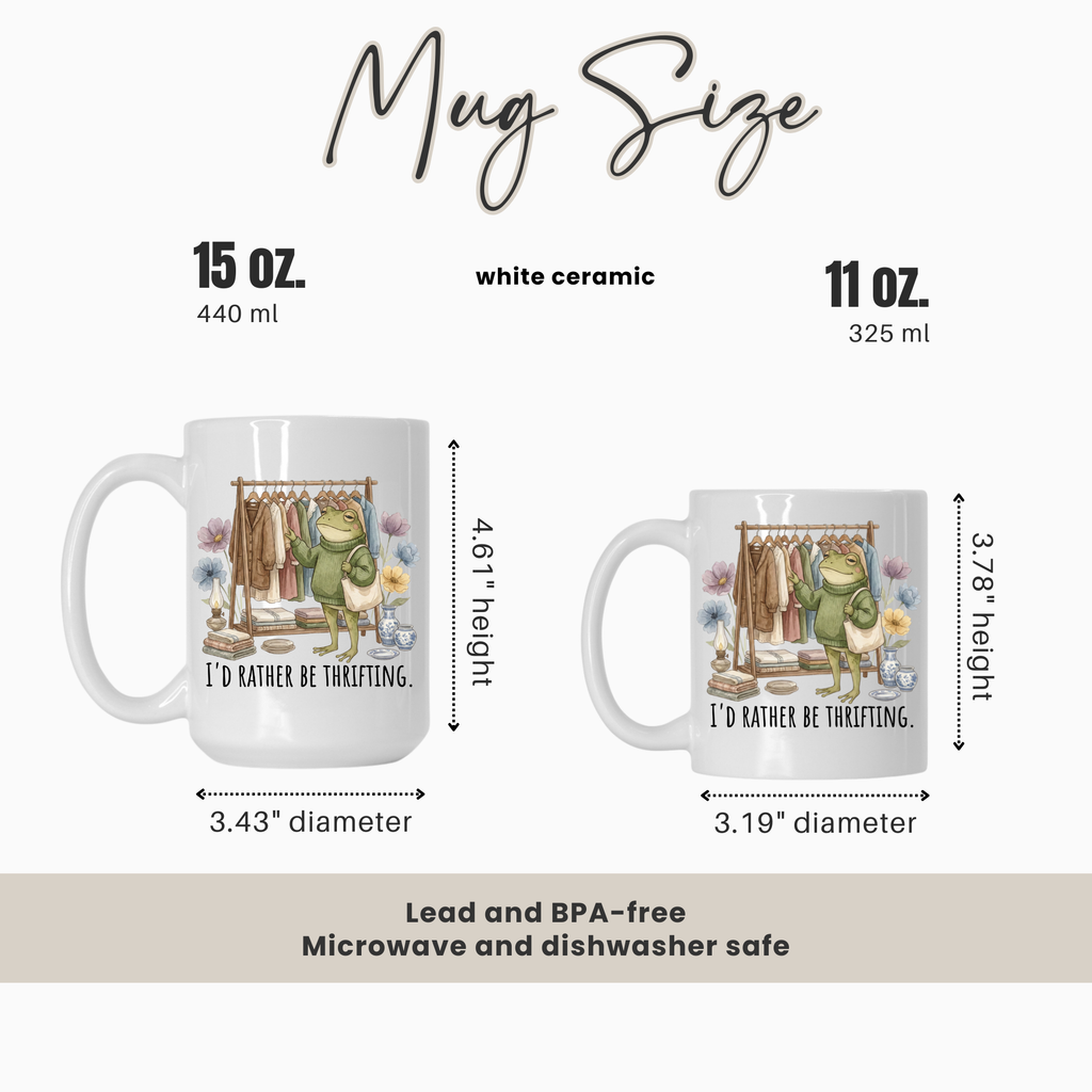 Two mugs with a frog design and text, showing size comparison and measurements.
