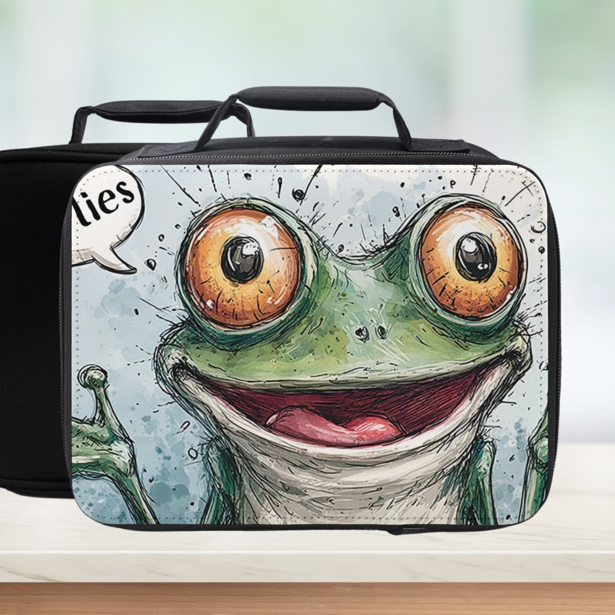  insulated lunch bag with a cartoon frog design on a white background
