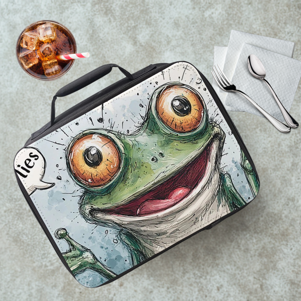 Frog-themed lunch bag with a speech bubble saying 'Flies' on a cafeteria table with a drink and utensils.
