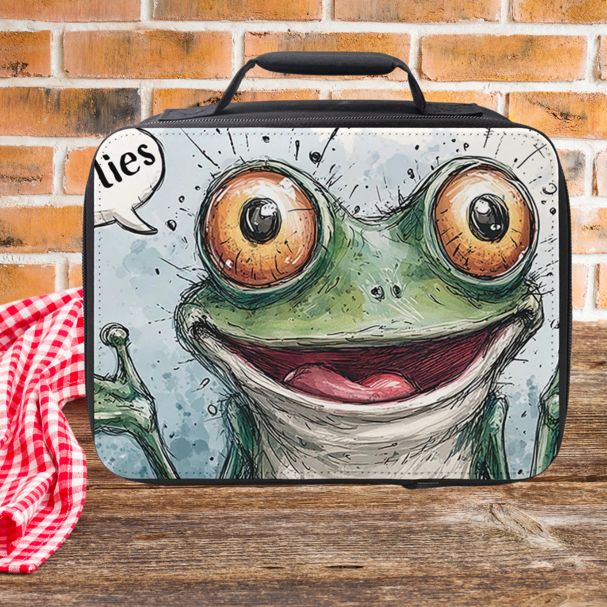 Lunch bag with a frog design on a wooden picnic table against a brick wall background